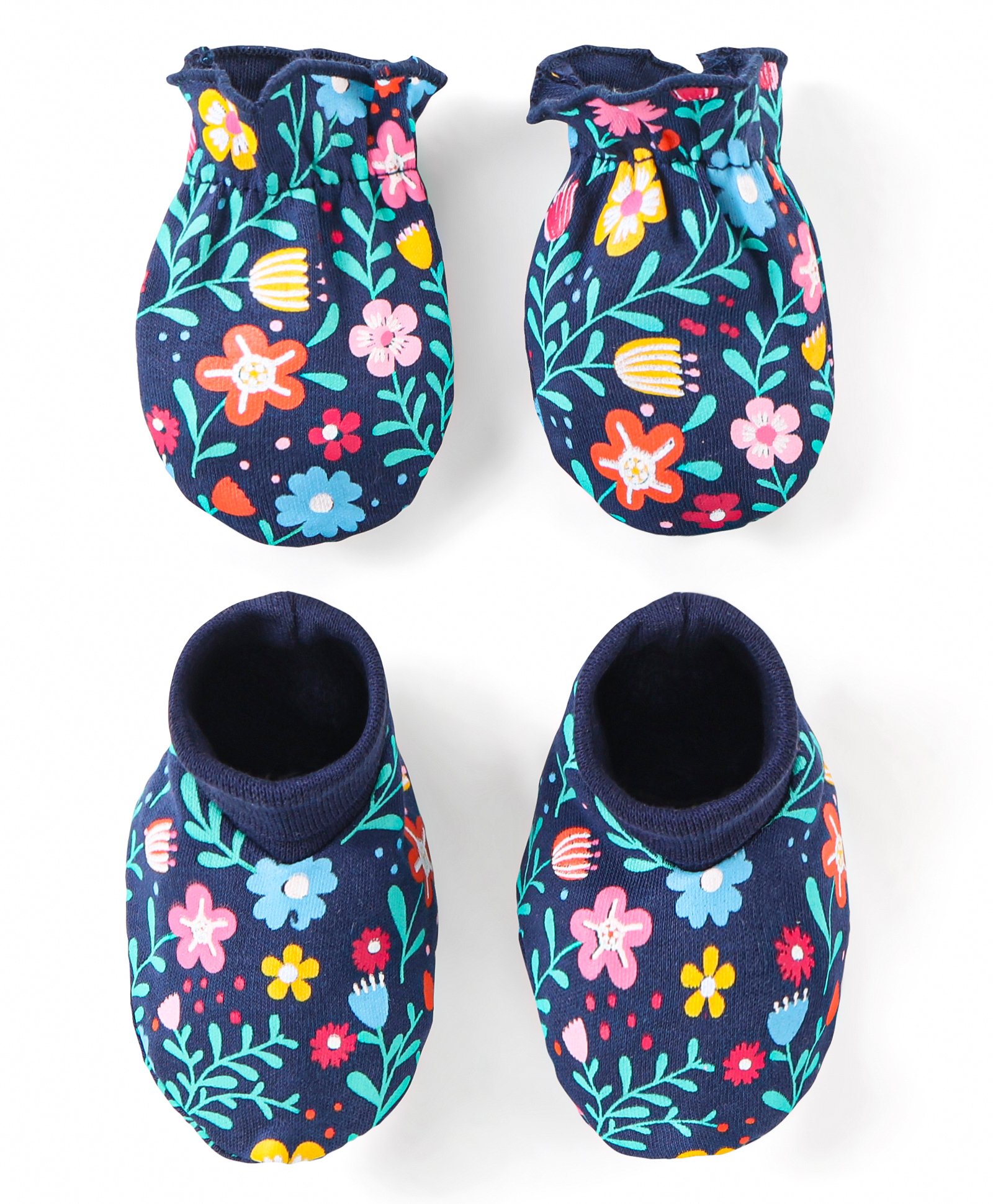 Babyhug 100% Cotton Knit Floral Print Mittens and Booties - Navy Blue-image-49