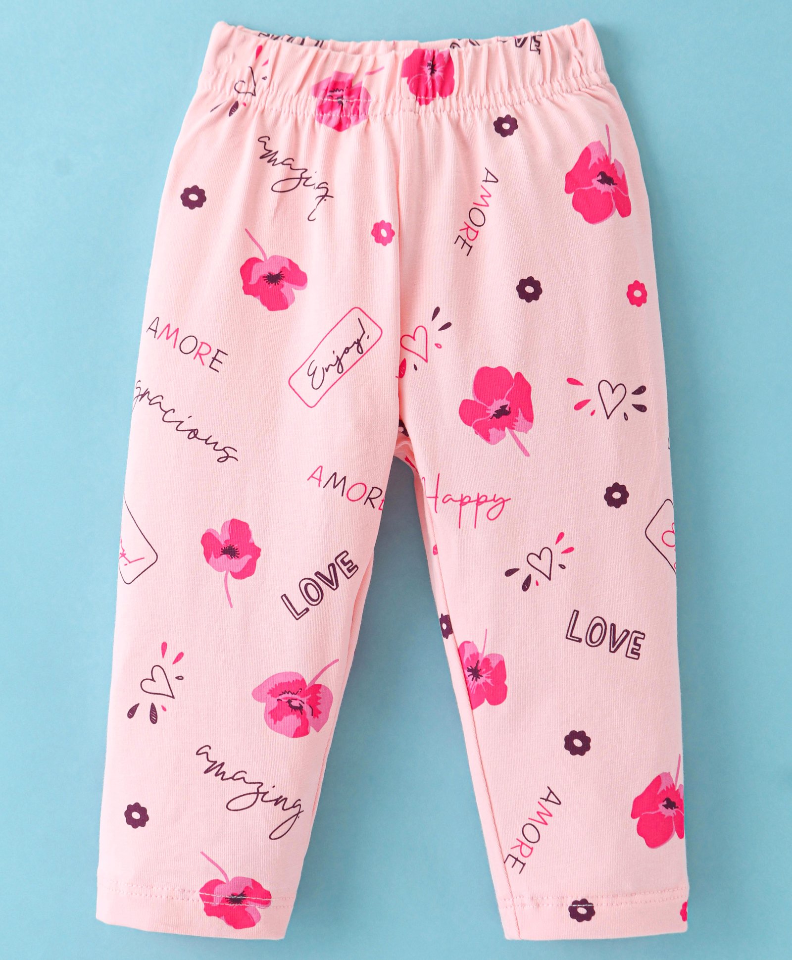 Doreme Single Jersey Knit Full Length Leggings With Floral & Hearts Print - Baby Pink-picture-11