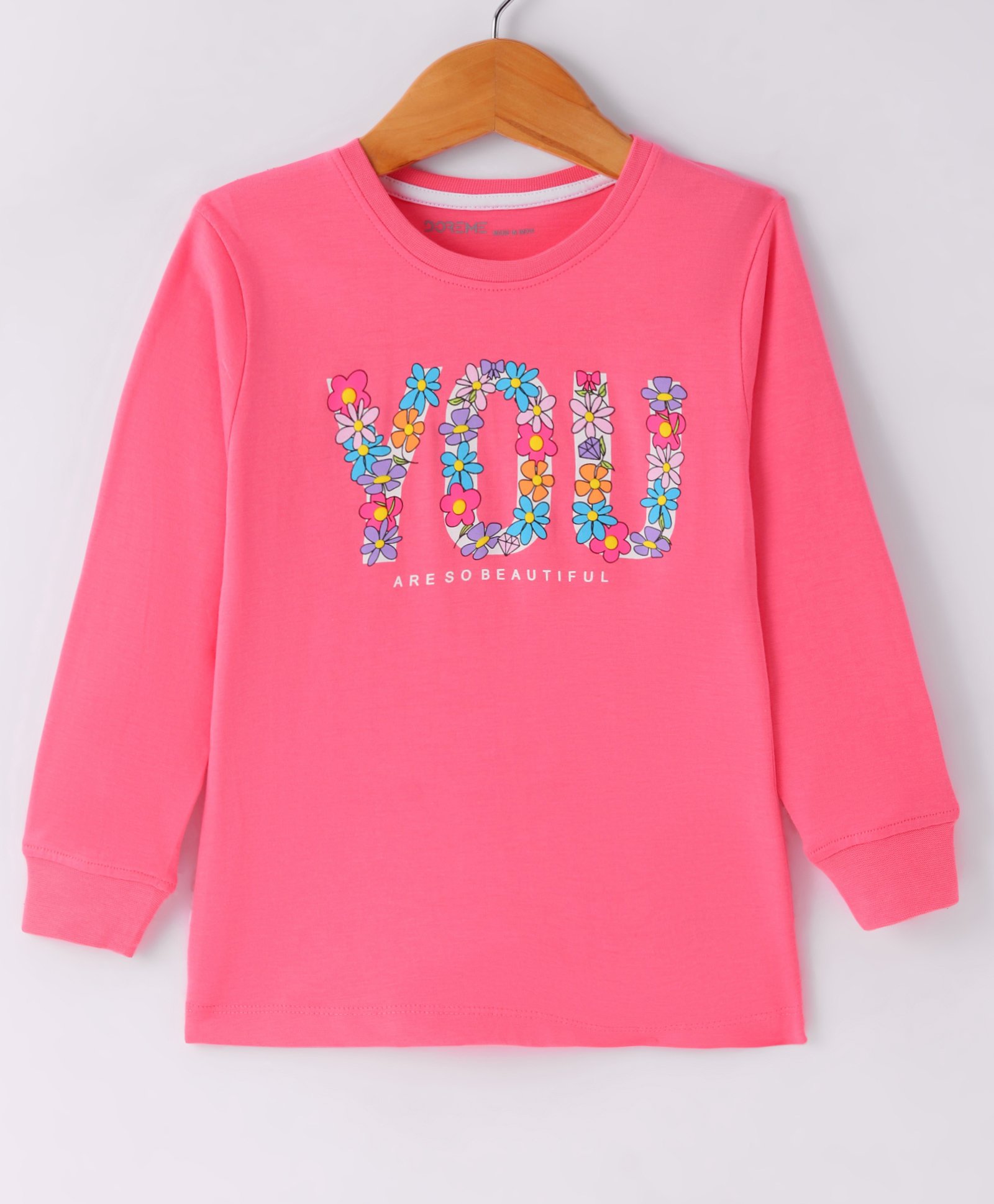 Doreme Single Jersey Knit Full Sleeves T-Shirt Text Print & Floral Print - Panther Pink-picture-19