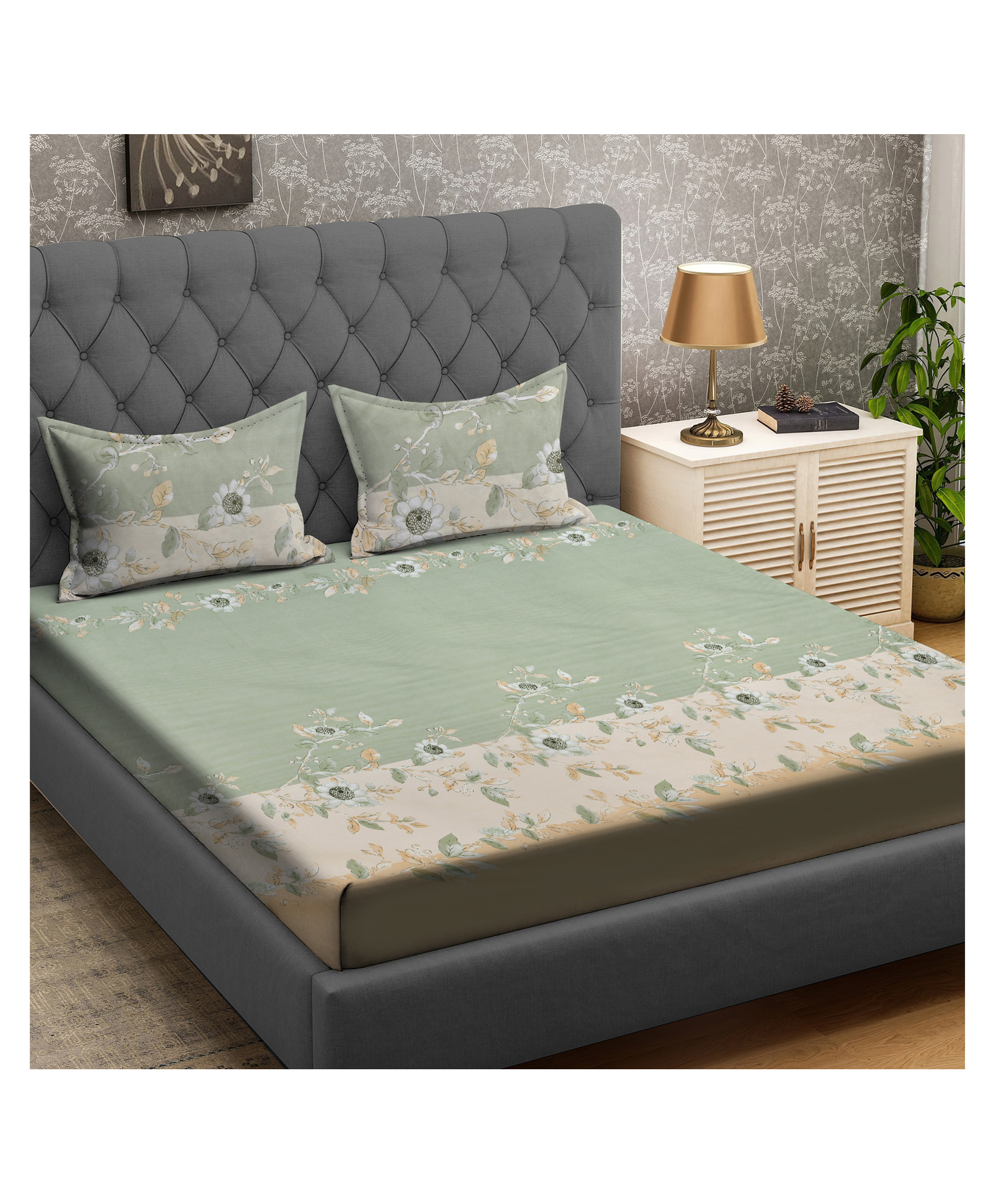 RRC Super Soft Brushed Microfiber Cotton Double Bedsheet With 2 Pillow Cover Light Green-image-34
