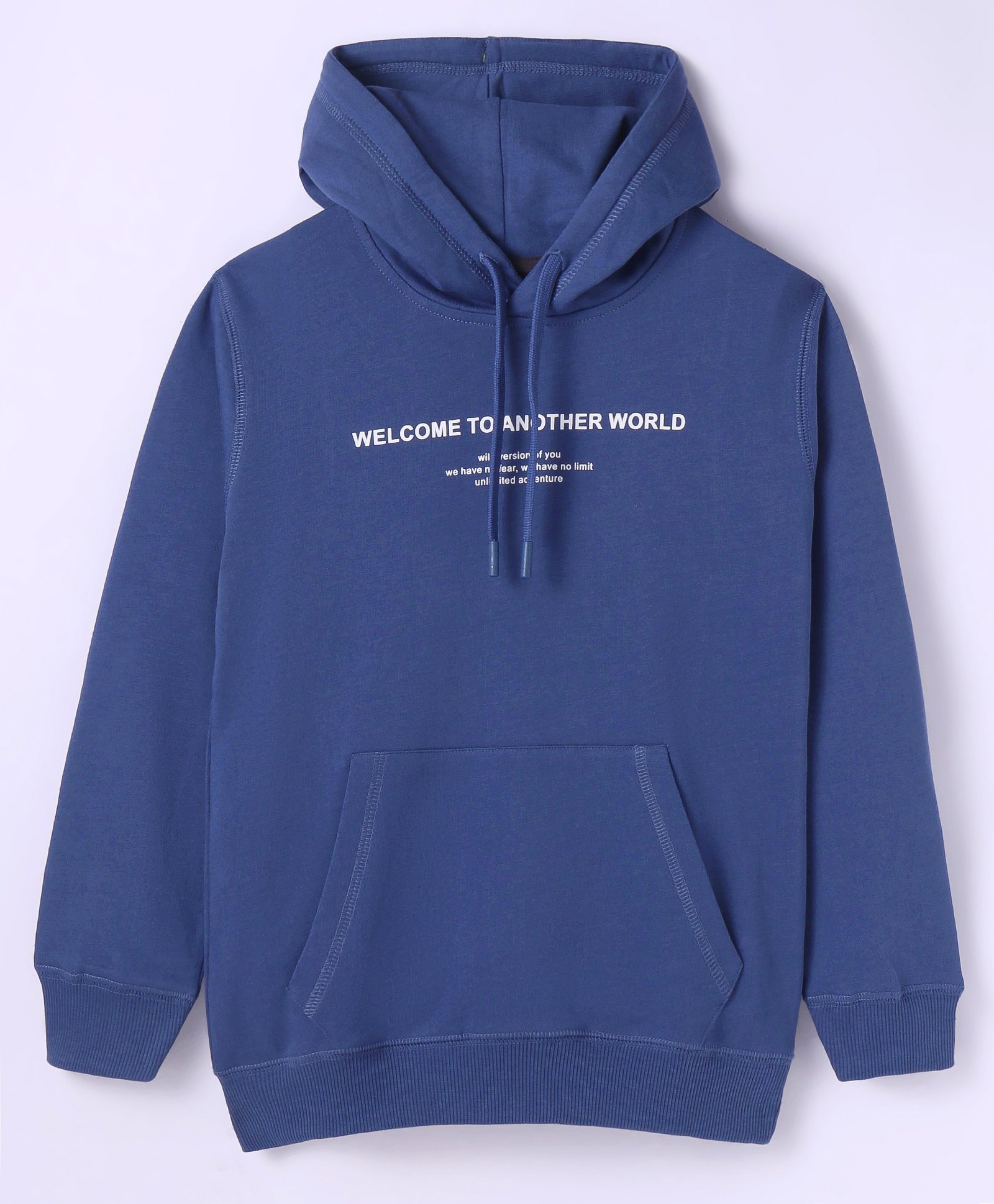 Doreme Terry Knitted Full Sleeves Hooded Sweatshirt With Text Print & Kangaroo Pockets - Royal Blue-picture-17