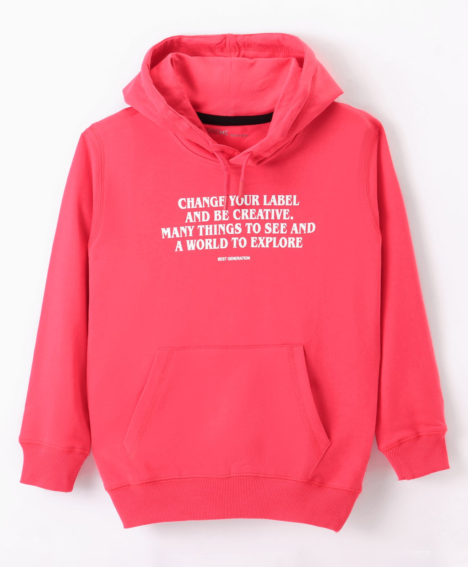 Doreme Terry Knit Full Sleeves Hooded Sweatshirt with Text Print & Kangaroo Pockets - Pink-image-19