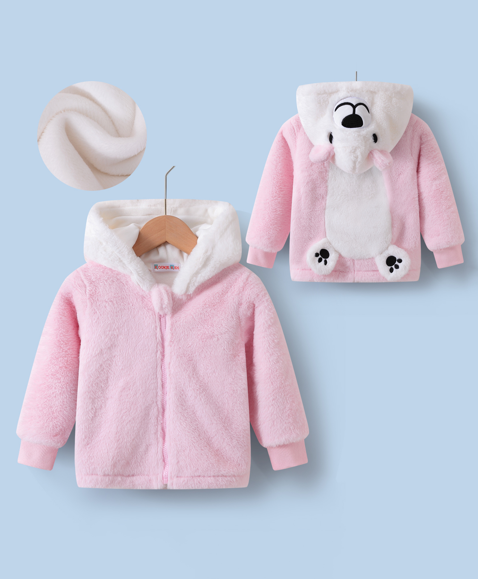 Kookie Kids Full Sleeves Hooded Winter Fur Jacket with Patch & 3D Applique at Back - Pink-image-12