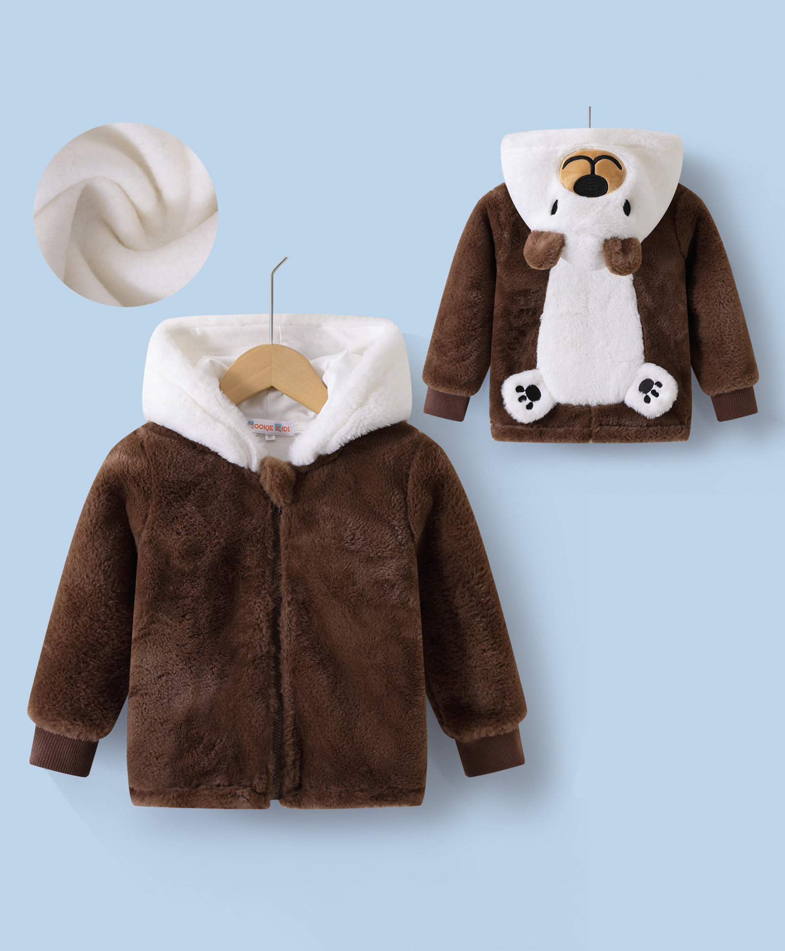 Kookie Kids Full Sleeves Hooded Winter Fur Jacket with Patch & 3D Applique at Back - Brown-picture-22