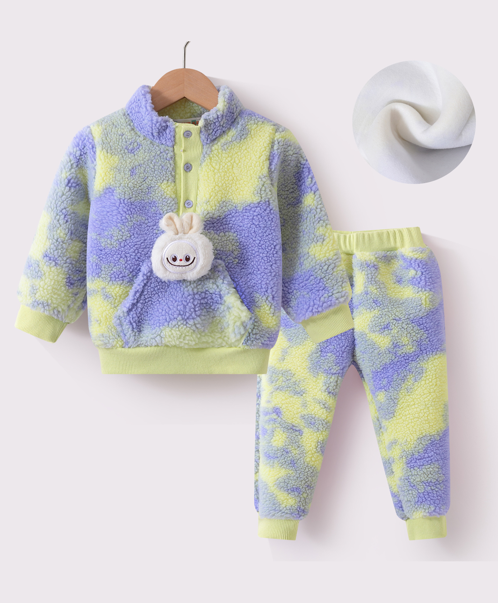 Kookie Kids Full Sleeves Fur Winter Wear T-Shirt & Lounge Pant Set With Tie & Dye Print & Bunny Applique - Yellow-picture-29
