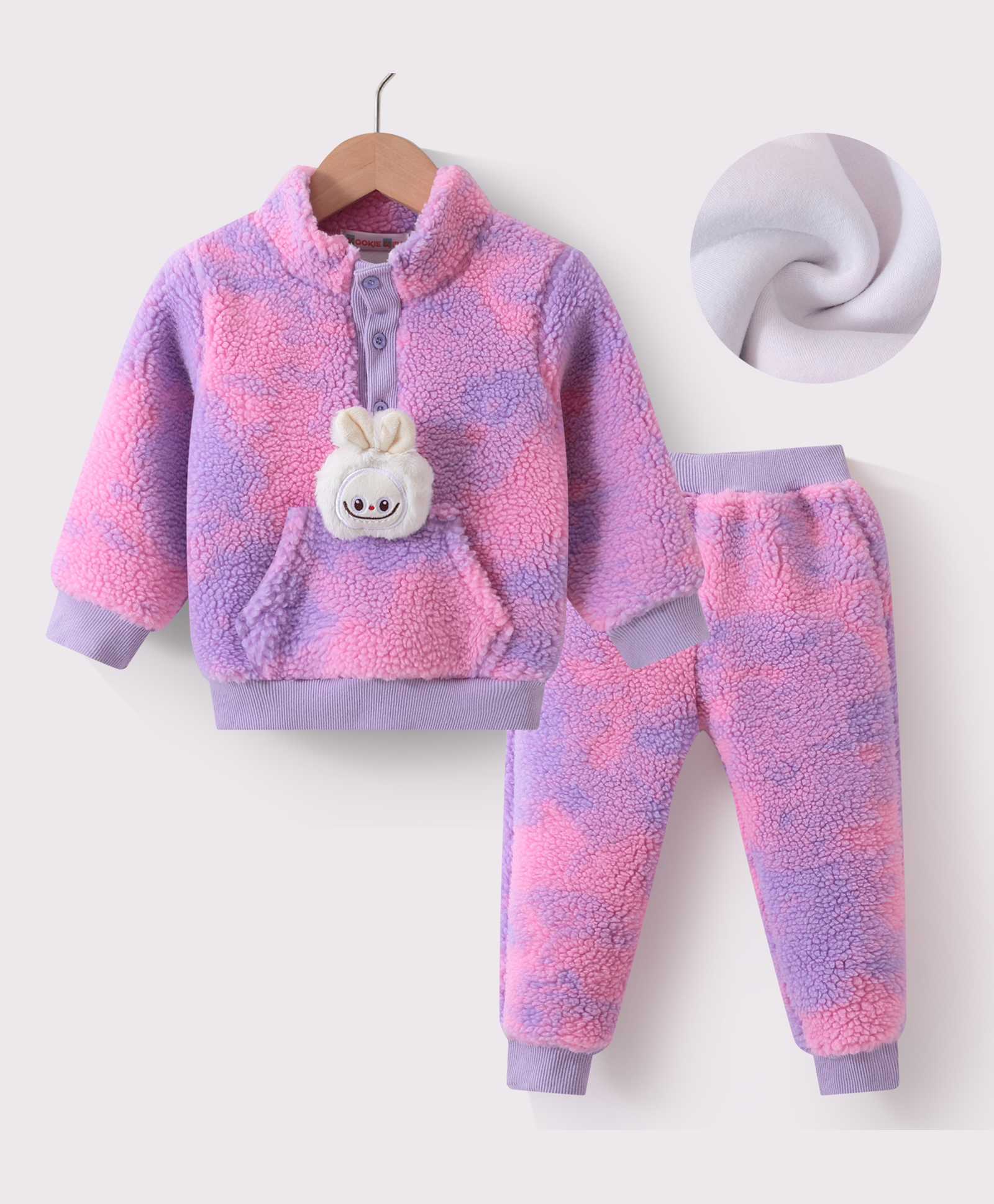 Kookie Kids Full Sleeves Fur Winter Wear T-Shirt & Lounge Pant Set With Tie & Dye Print & Bunny Applique - Purple-picture-30
