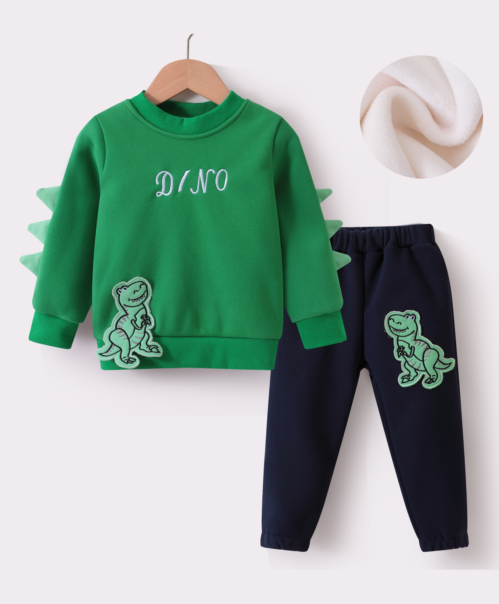Kookie Kids Full Sleeves Winter Wear T-Shirt & Lounge Pant Set with Dino Applique - Green & Navy Blue-picture-25