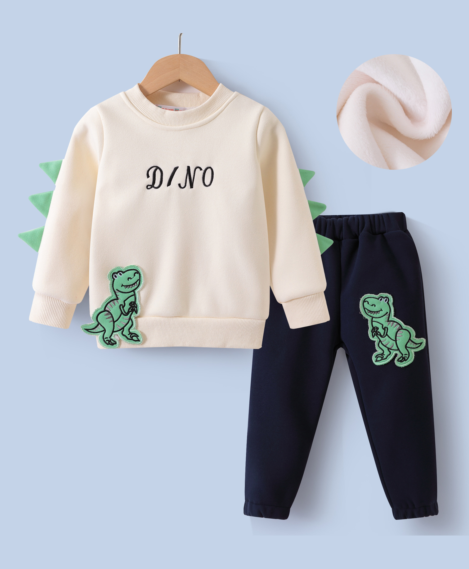 Kookie Kids Full Sleeves Winter Wear T-Shirt & Lounge Pant Set with Dino Applique - Off White & Navy Blue-picture-11