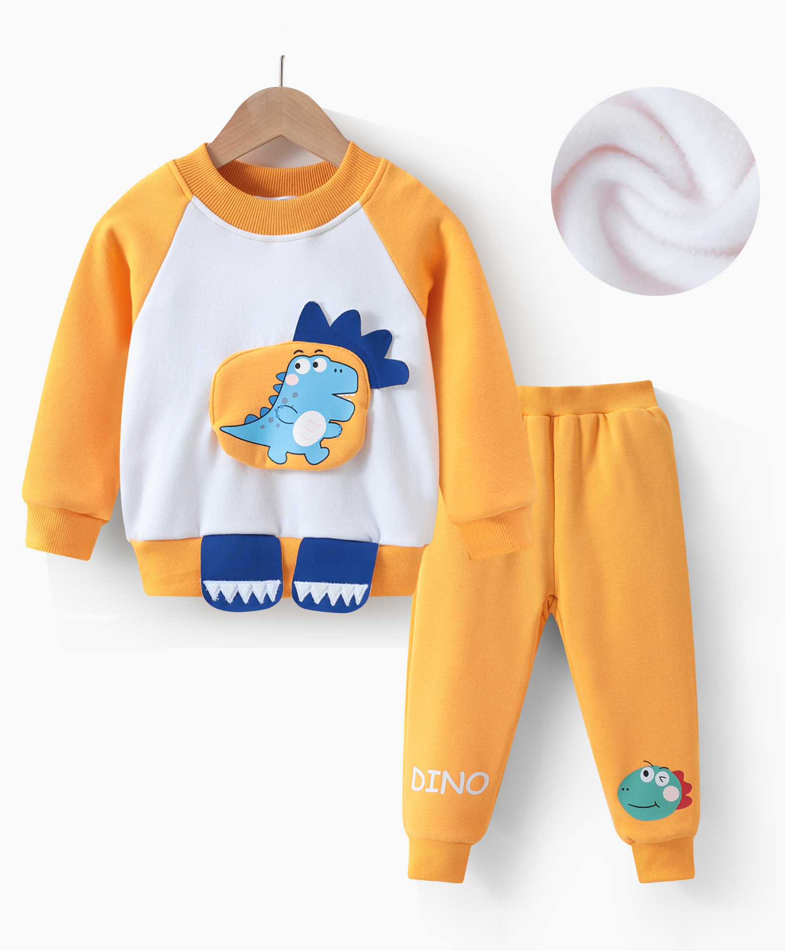 Kookie Kids Full Raglan Sleeves Winter T-Shirt & Lounge Pant Set With Dino Applique - Yellow-picture-33