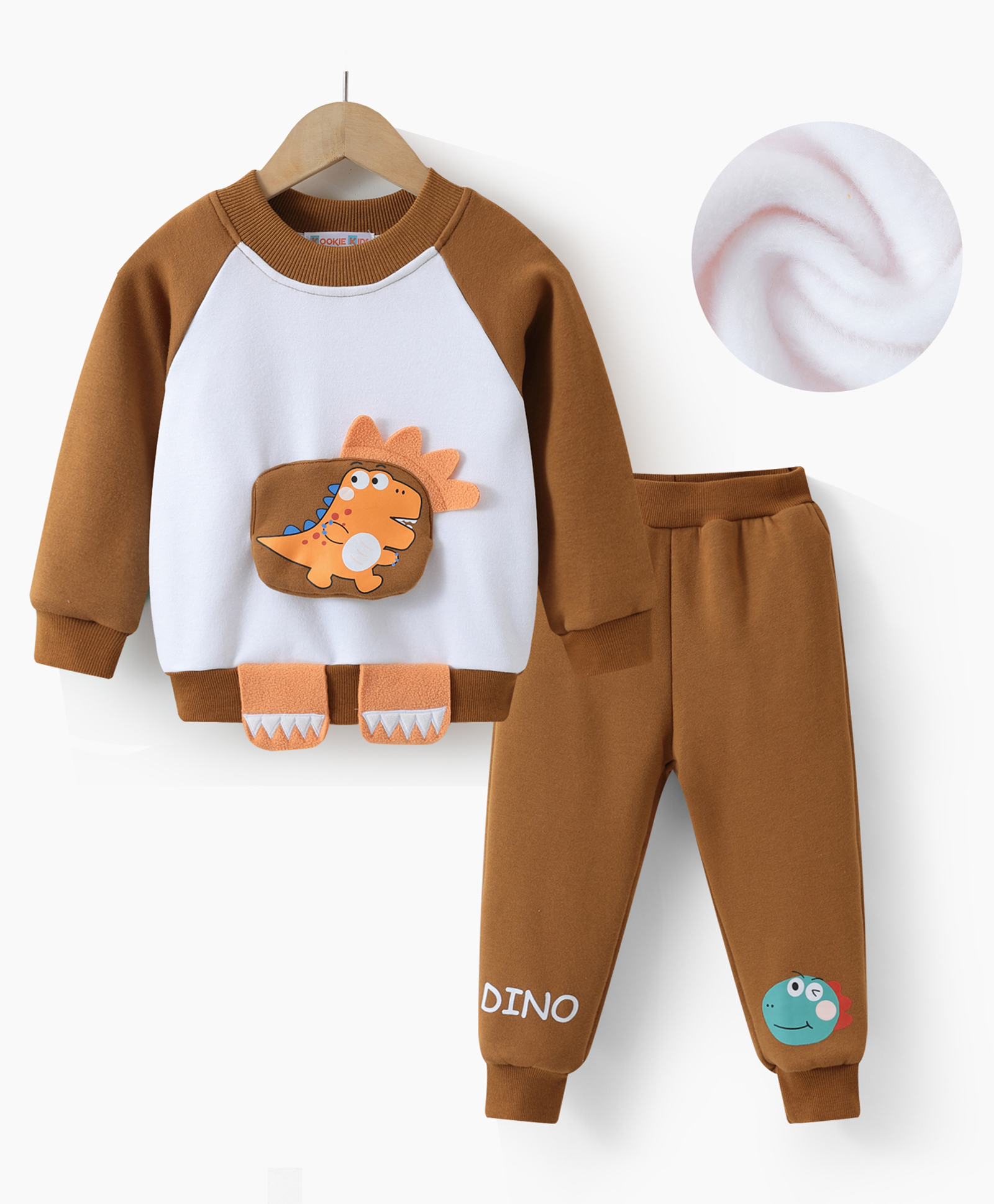Kookie Kids Full Raglan Sleeves Winter T-Shirt & Lounge Pant Set With Dino Applique - Brown-picture-34