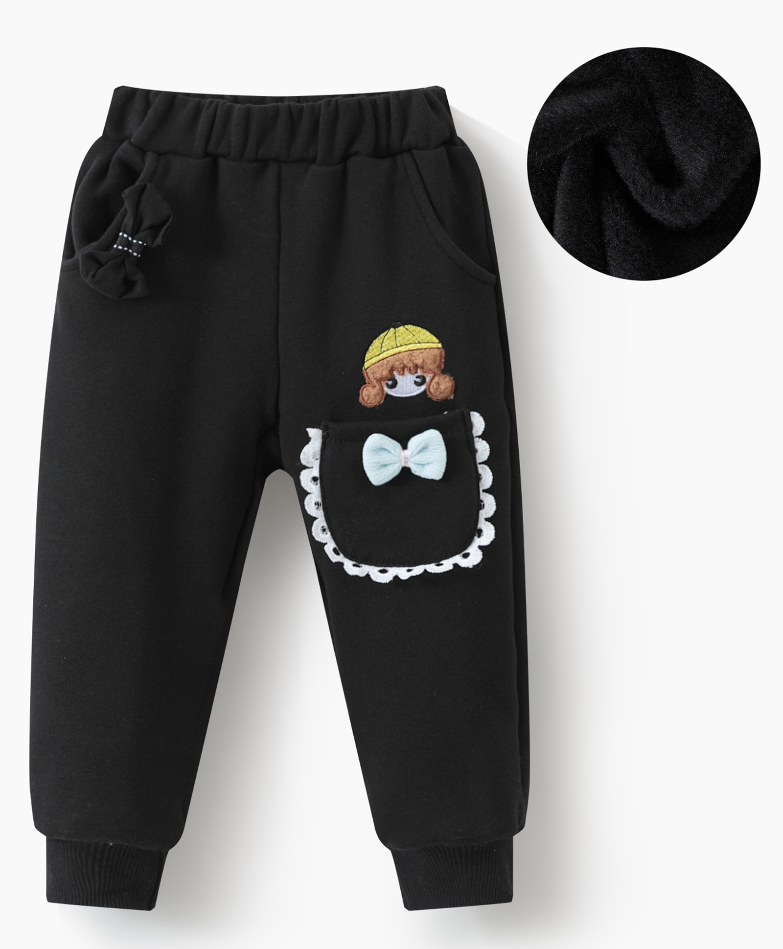 Kookie Kids Full Length Solid Color Lounge Pant with Doll Embroidery - Black-picture-22