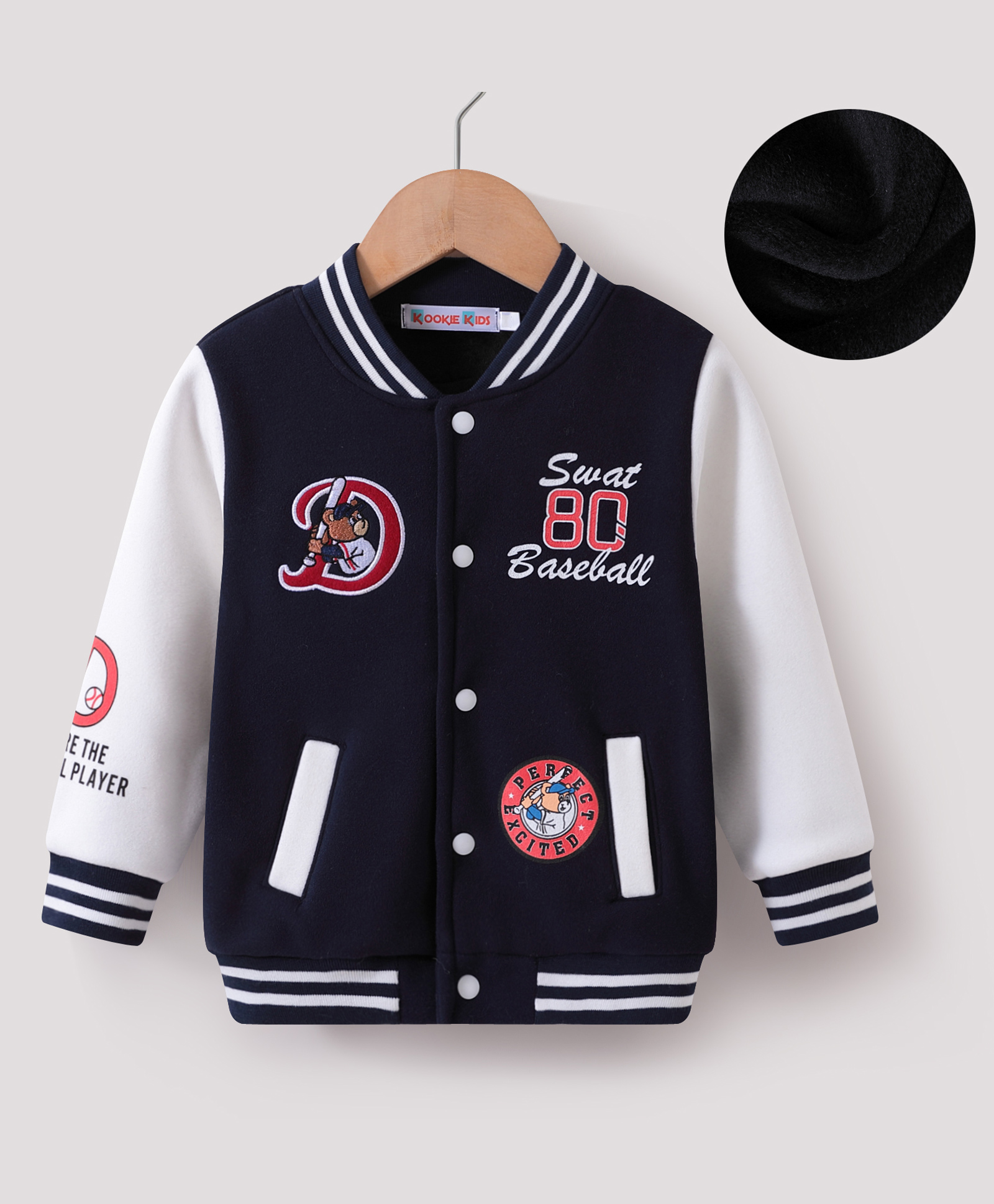 Kookie Kids Full Sleeves Bomber Jacket with Bear & Text Print - Navy Blue-image-3