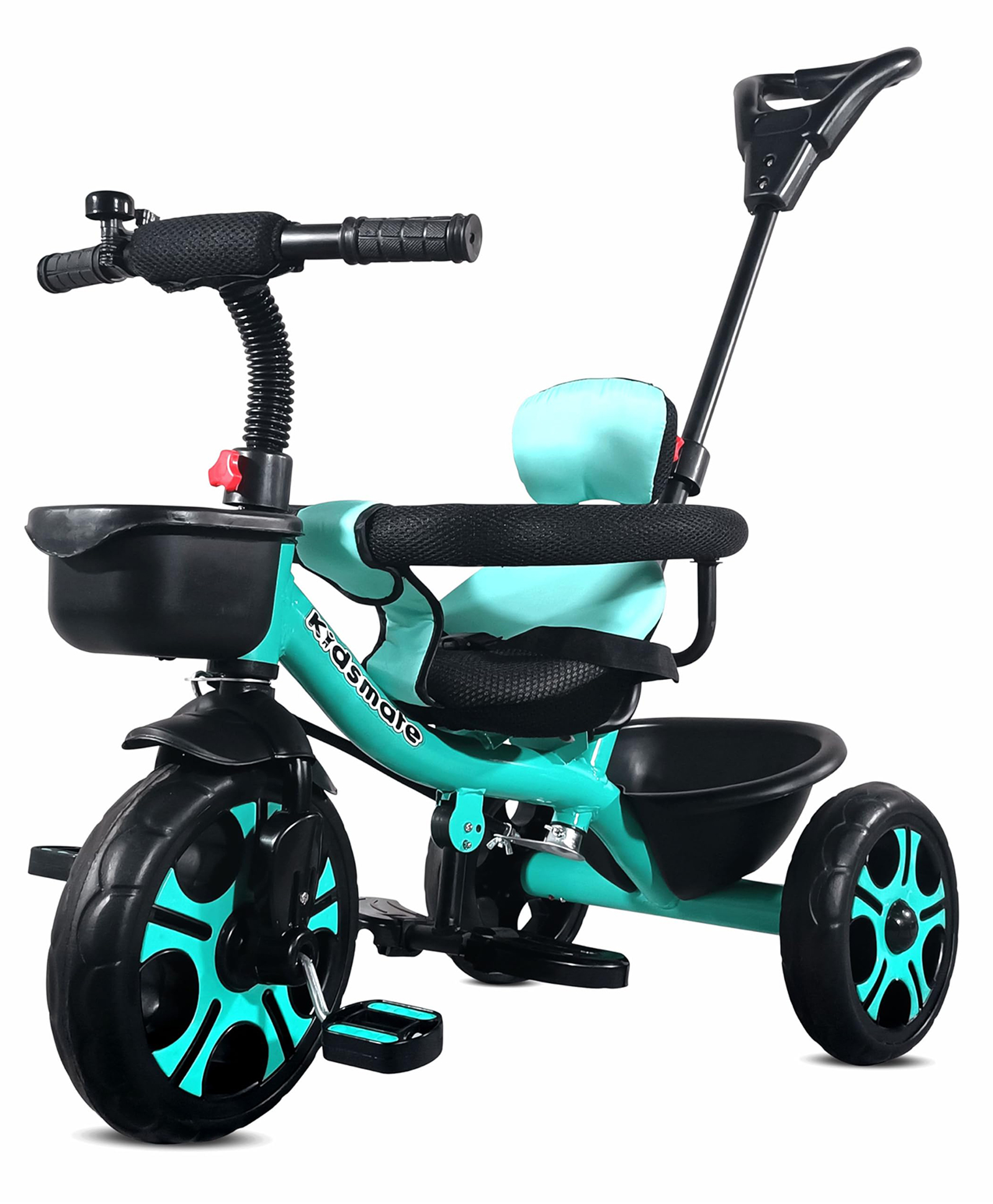 Kidsmate Thunder Plug N Play Kids/Baby Tricycle with Safety Guard Rail and Parental Control | Storage Basket | Fabric Cushion Seat & Bell for 12 Months to 48 Months Boys/Girls (Sea Green)-image-28