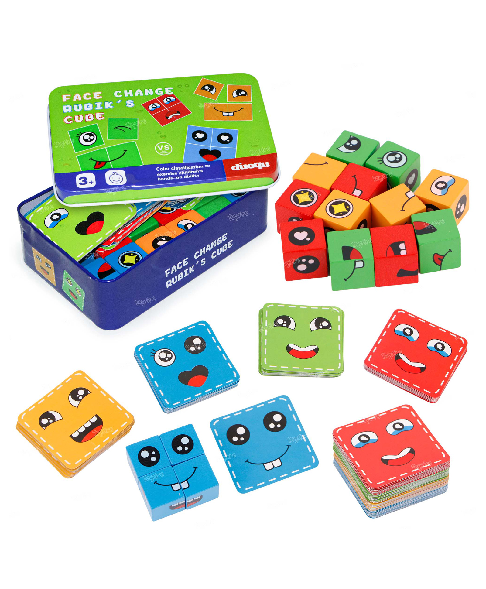 fiddlerz Toysire Wooden Face Cube Change Puzzle for Kids, Emoji Expressions Matching Game, Gifts Boys & Girls, 16 Face Blocks & 72 Playing Cards-picture-30