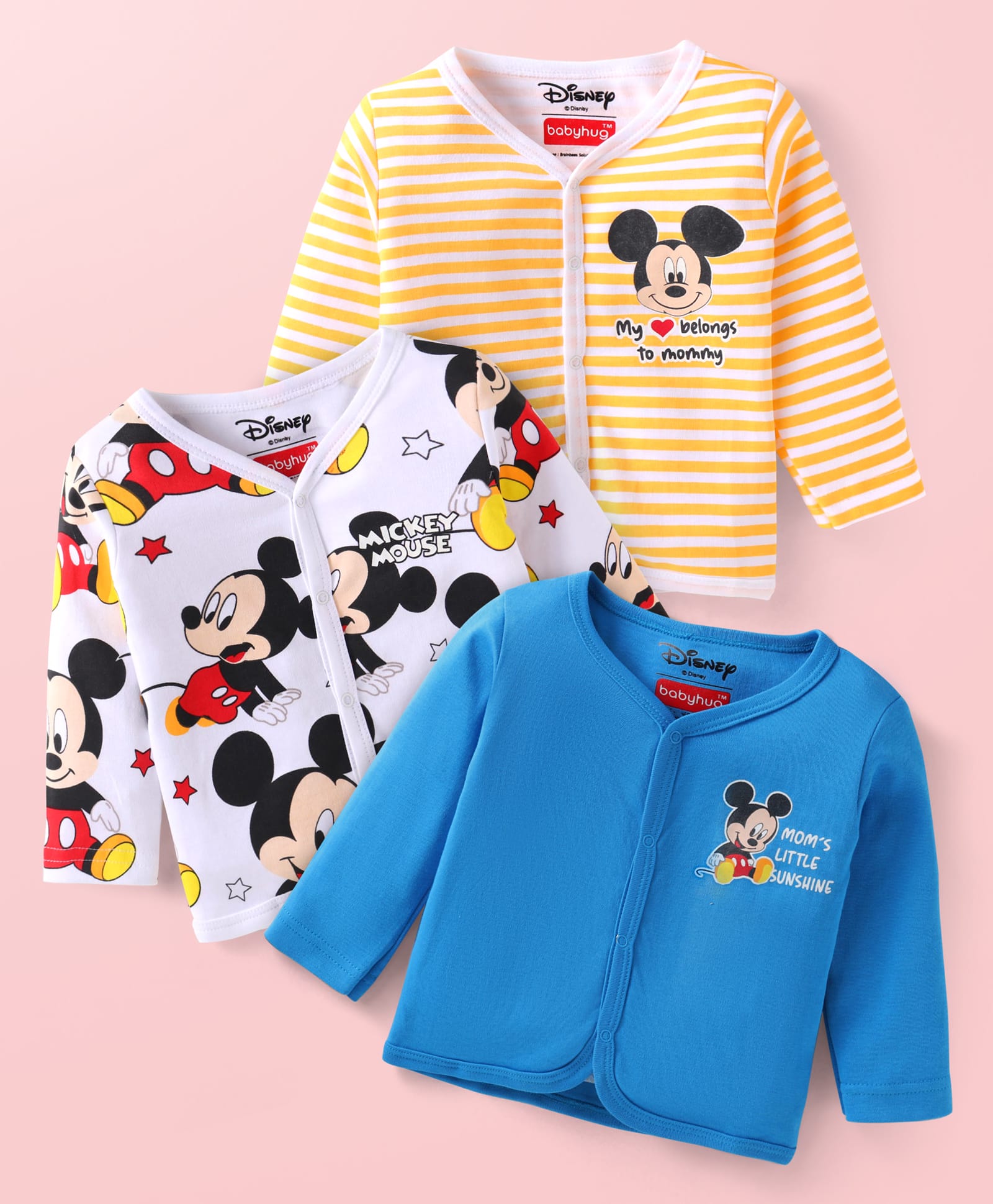 Babyhug Disney Interlock Knit Full Sleeves Striped Jhablas with Mickey Mouse Print Pack of 3 - Blue White & Orange-picture-27