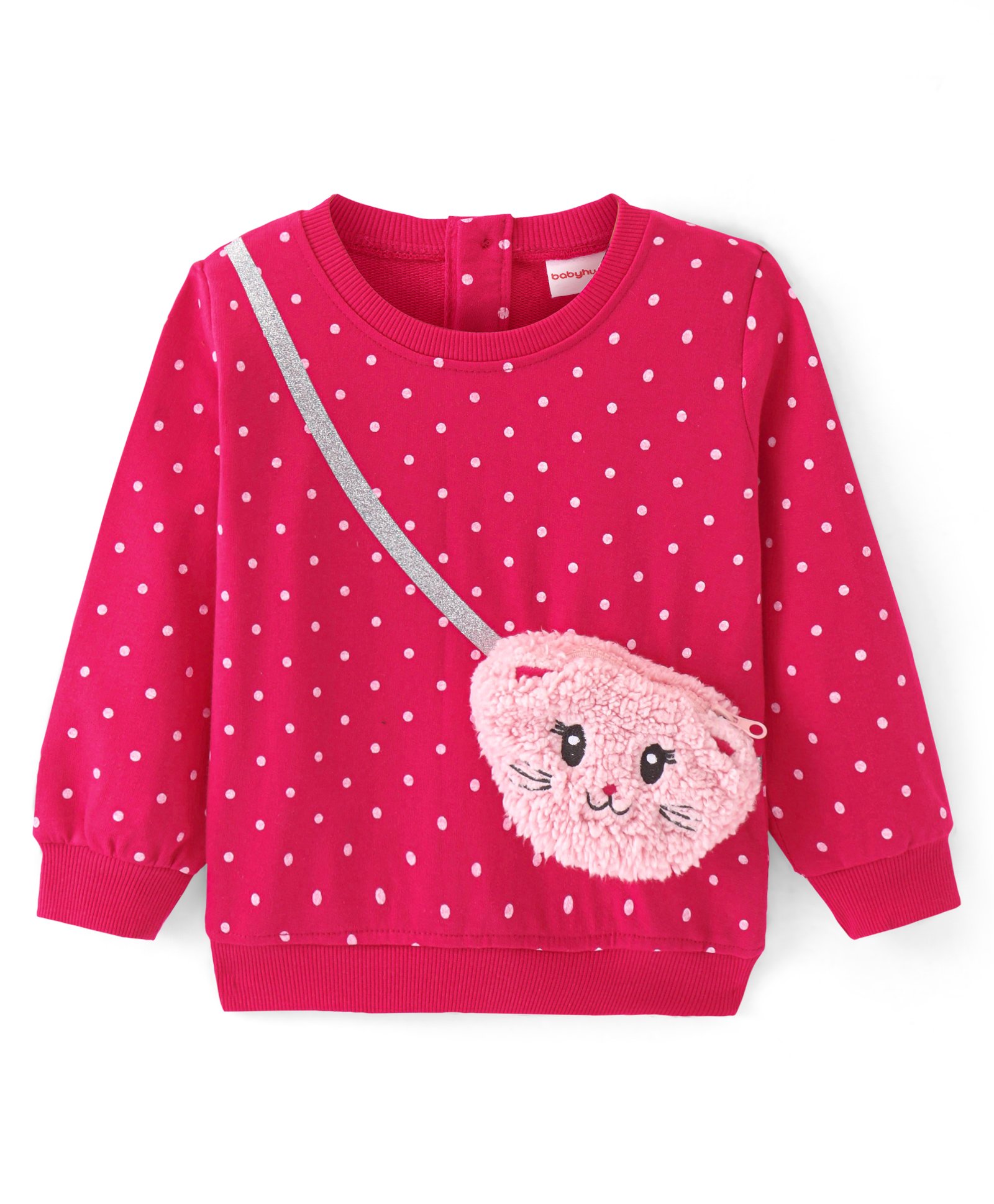 Babyhug Cotton Knit Full Sleeves Sweatshirt With Polka Dots Print & Purse Applique - Pink-image-15