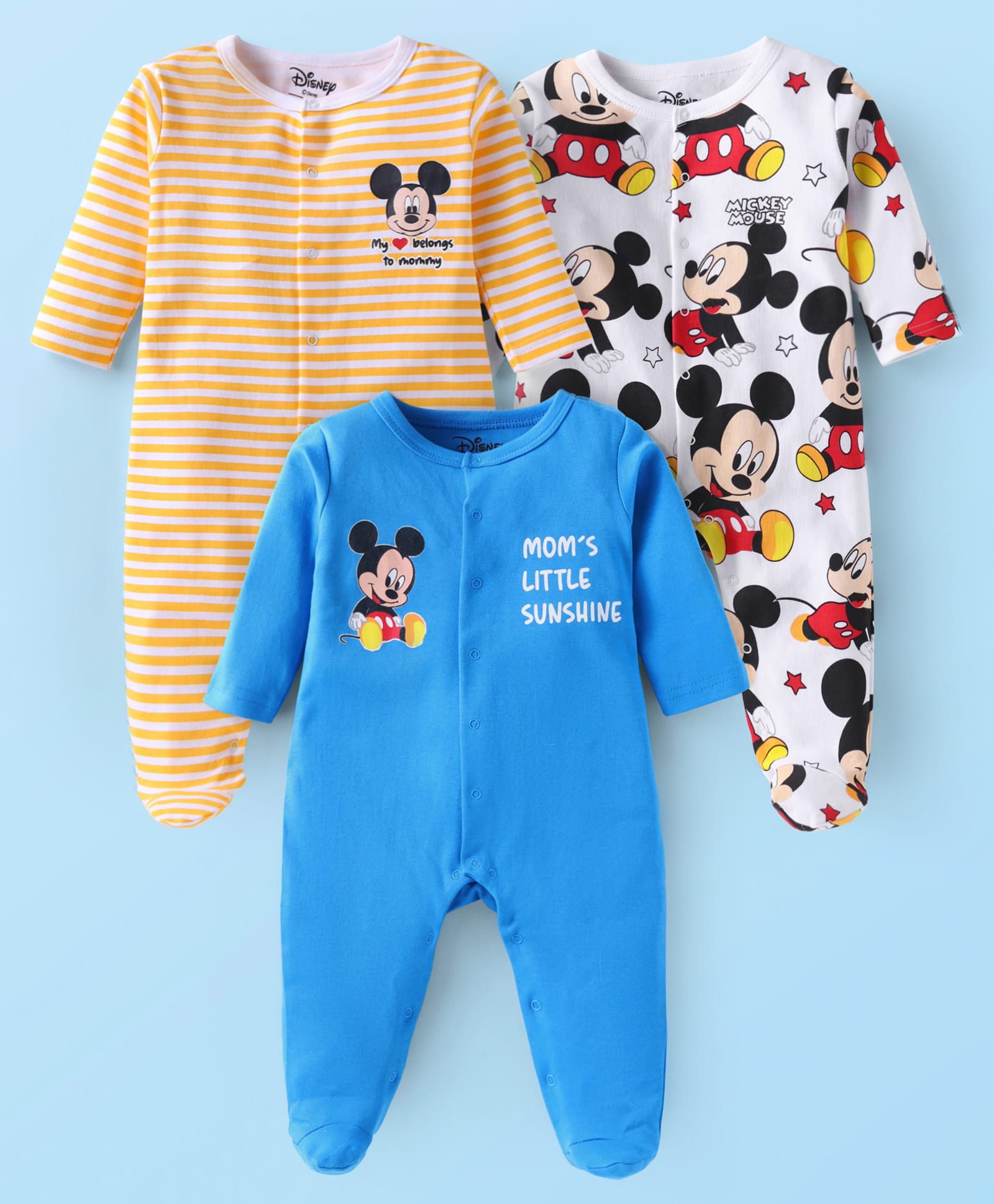 Babyhug Disney Interlock Knit Full Sleeves Sleep Suits with Mickey Mouse & Friends Graphics Pack of 3 - Blue Yellow & White
