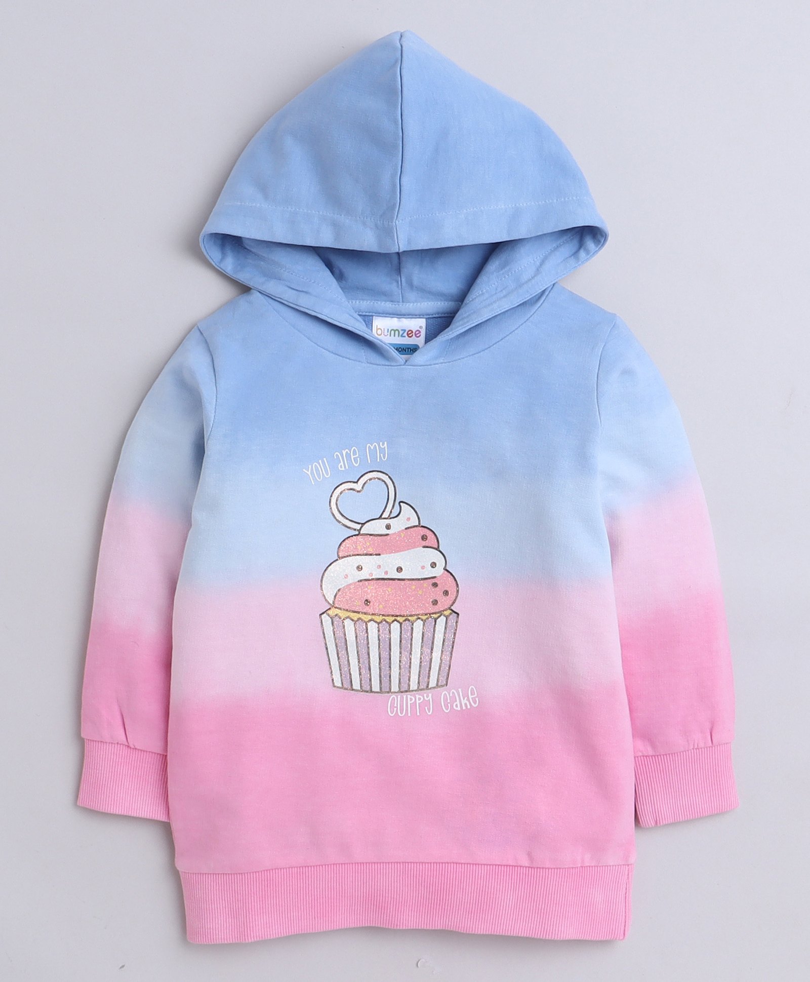 BUMZEE Cotton Looper Full Sleeves Cuppy Cake Printed Hooded Sweatshirt - Pink & Blue-image-27