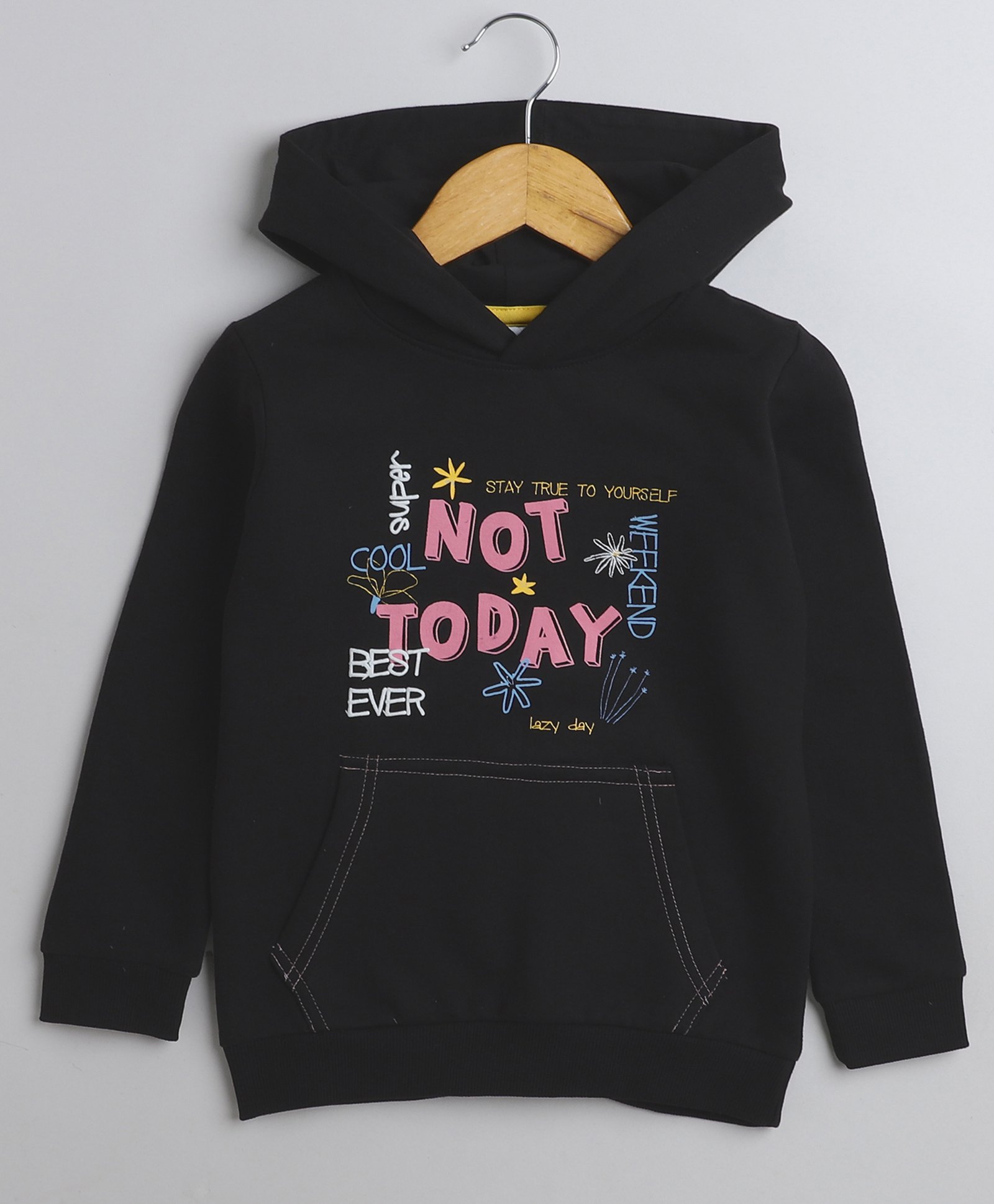 BUMZEE Fleece Full Sleeves Not Today Text Printed Hooded Sweatshirt - Black-picture-38