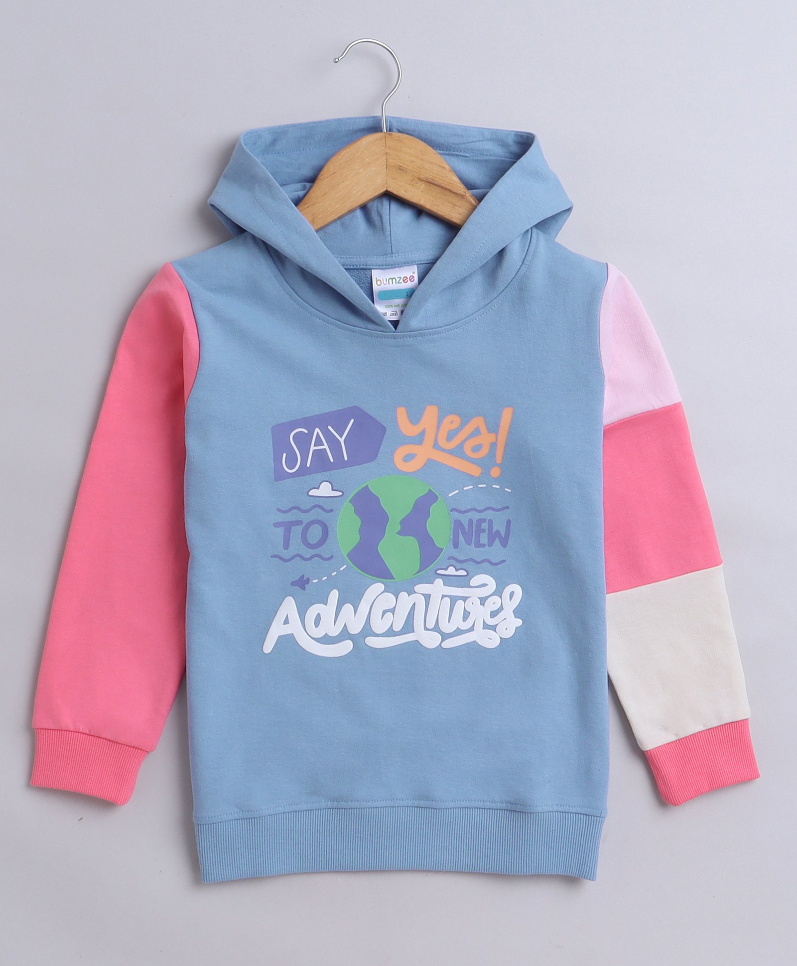 BUMZEE Looper Full Sleeves Say Yes To New Adventures Text Printed Colour Blocked Hooded Sweatshirt - Blue-picture-27