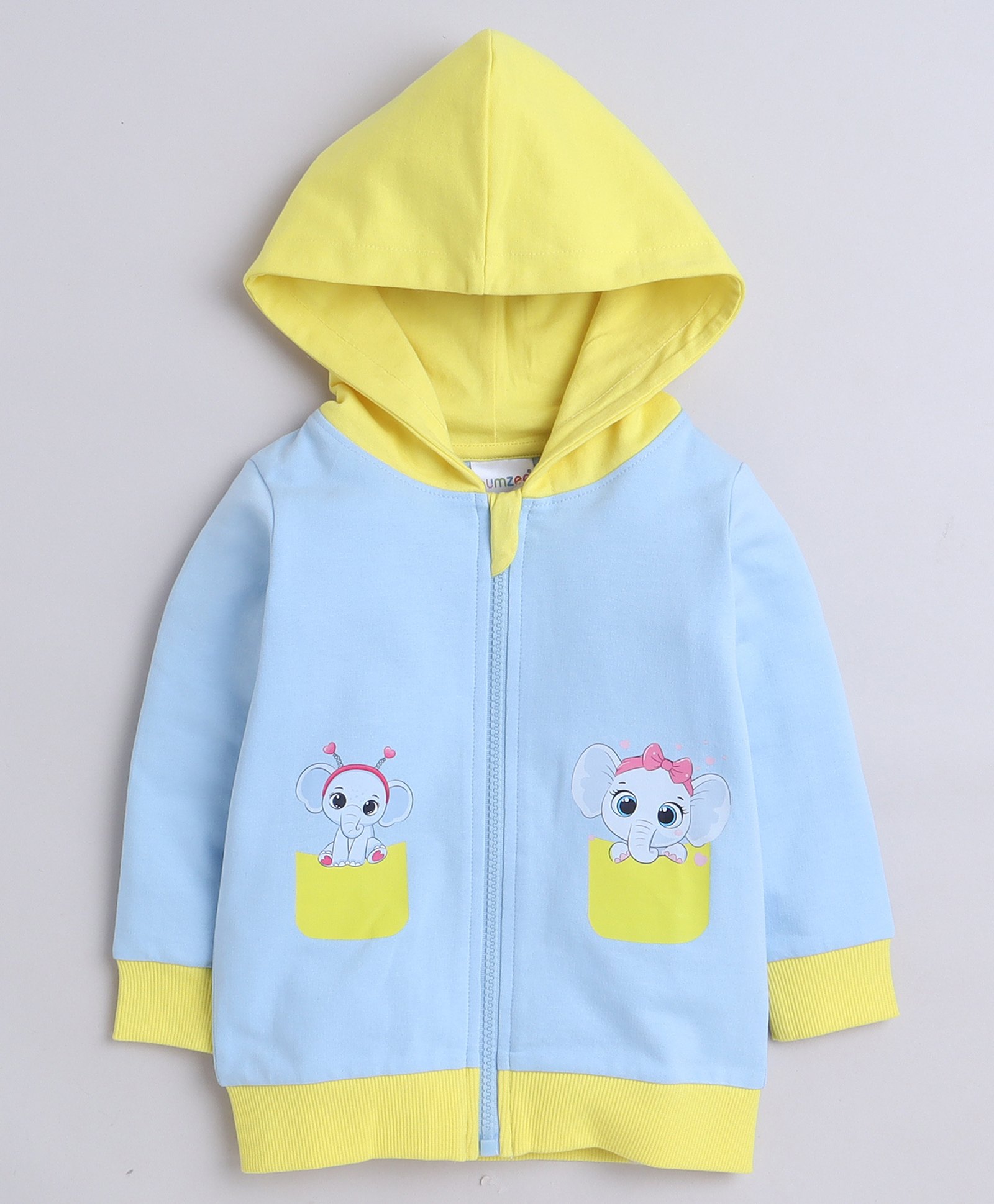 BUMZEE Looper Full Sleeves Baby Elephant Printed Hooded Sweat Jacket - Sky Blue & Yellow-image-1