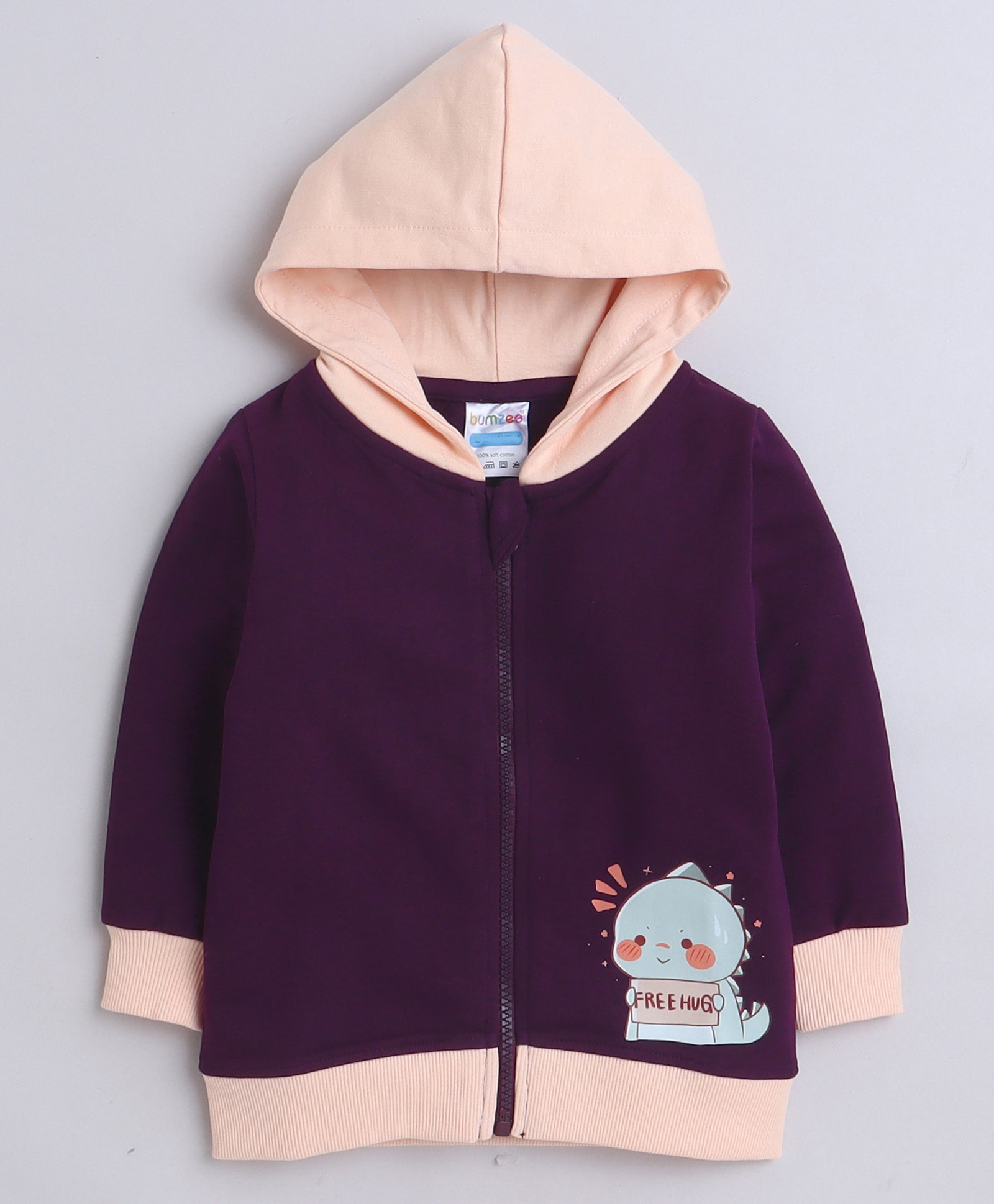 BUMZEE Cotton Looper Full Sleeves Baby Dinosaur Printed Hooded Sweat Jacket - Wine & Peach-image-23