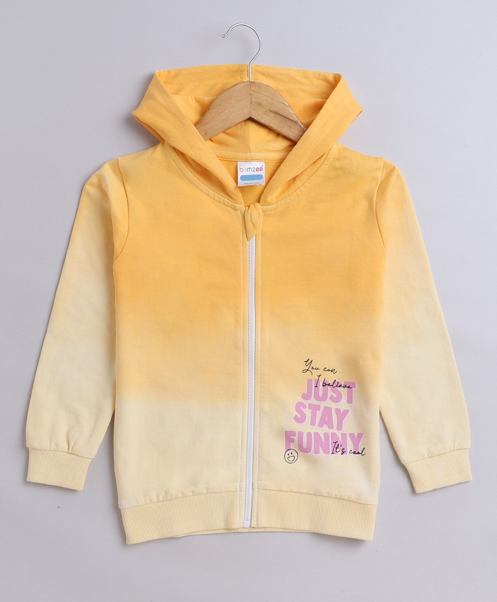 BUMZEE Looper Full Sleeves Just Stay Funny Text Printed Hooded Ombre Sweat Jacket - Yellow-image-1