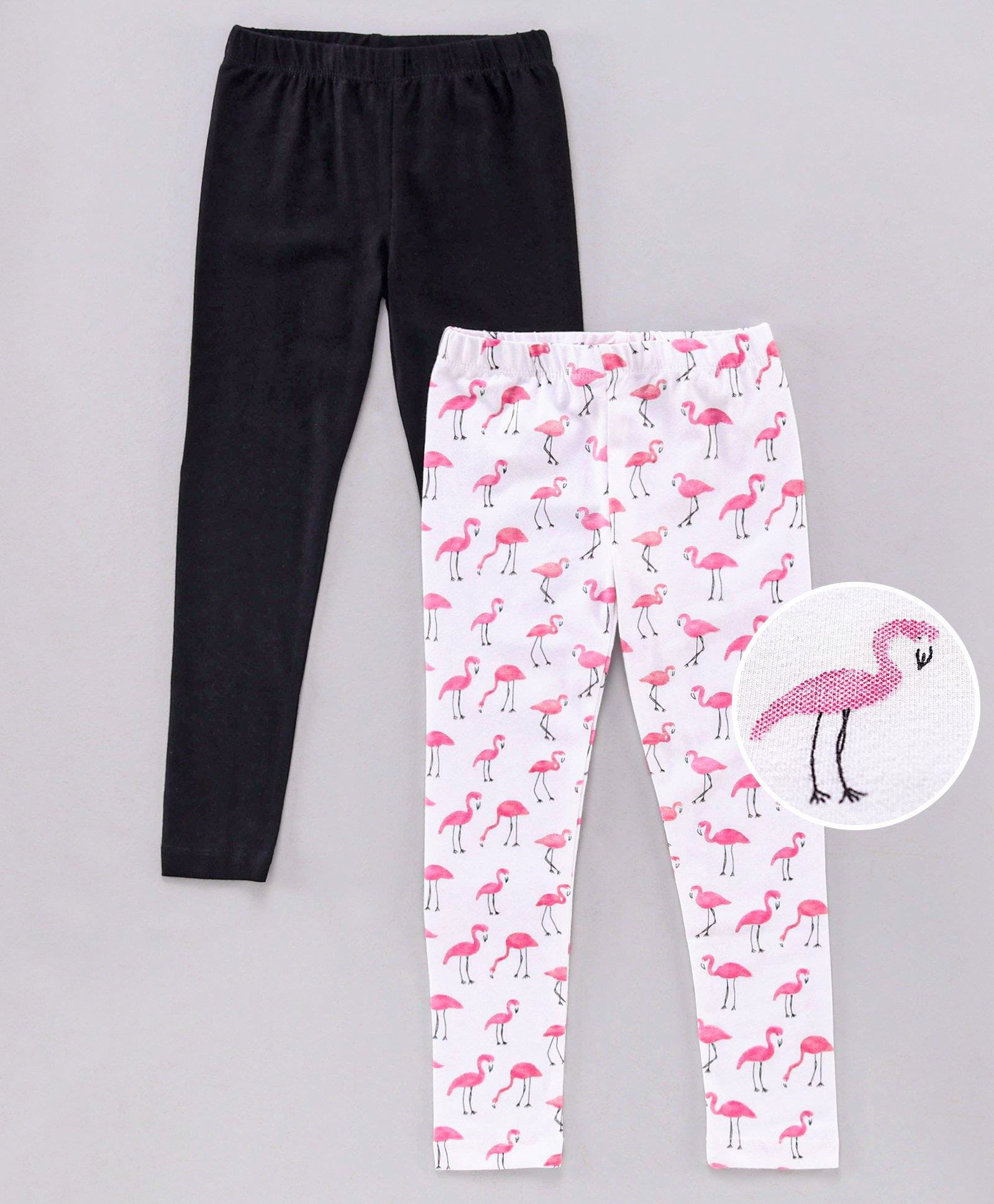 Pspeaches Cotton Pack Of 2 Flamingo Printed & Solid Leggings - White-picture-28