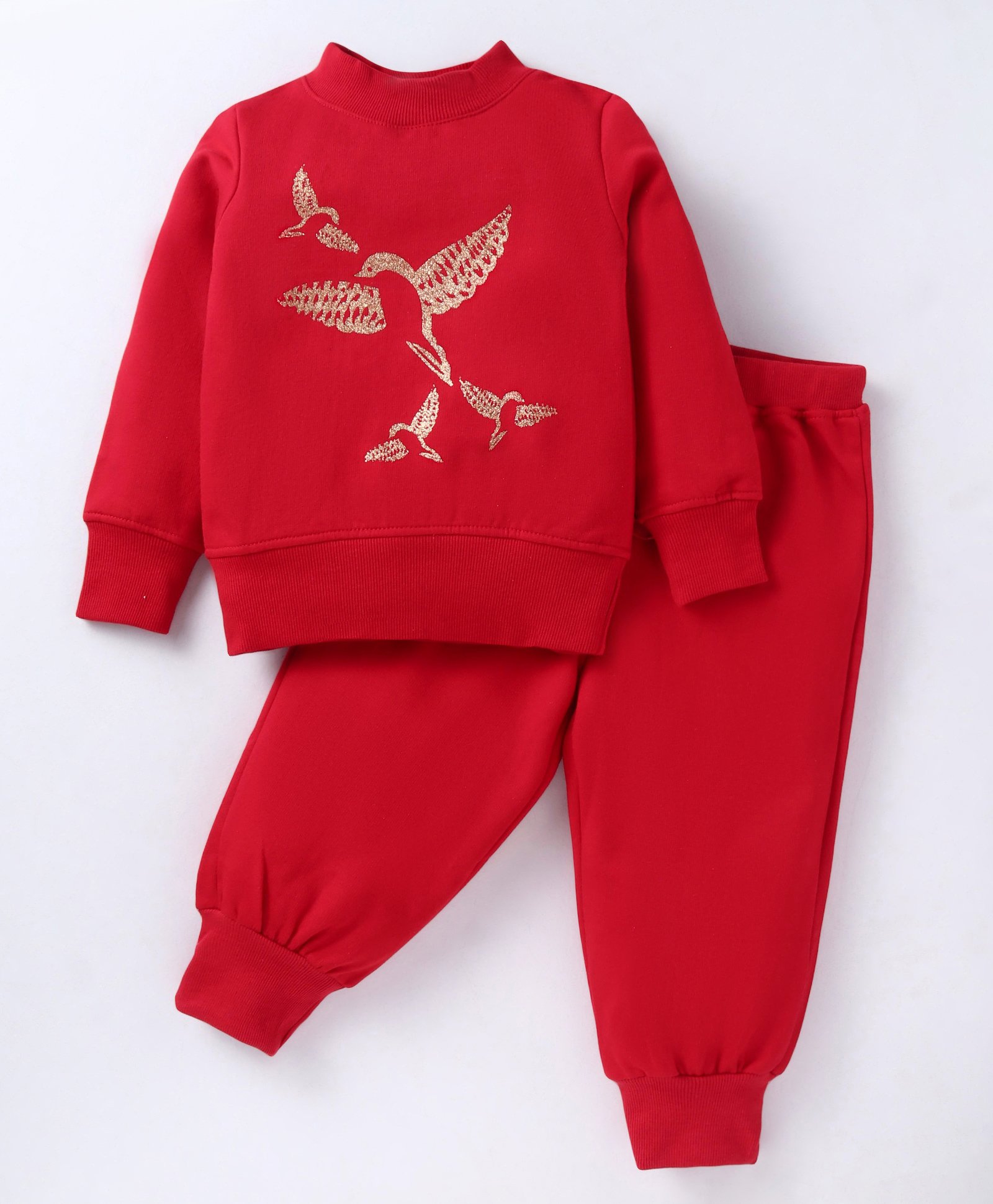 Pspeaches Wool Full Sleeves Bird Printed Sweatshirt With Pajama - Red-picture-33