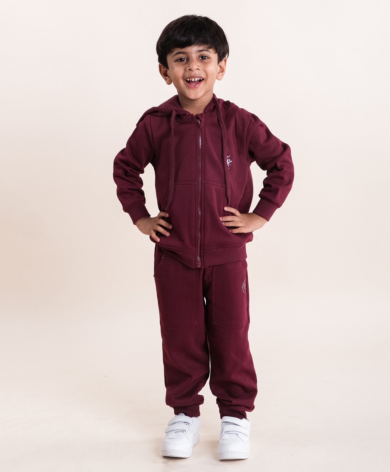Kiddopanti Fleece Full Sleeves Brand Name Printed Coordinating Hooded Sweatshirt With Track Pants - Maroon-picture-33