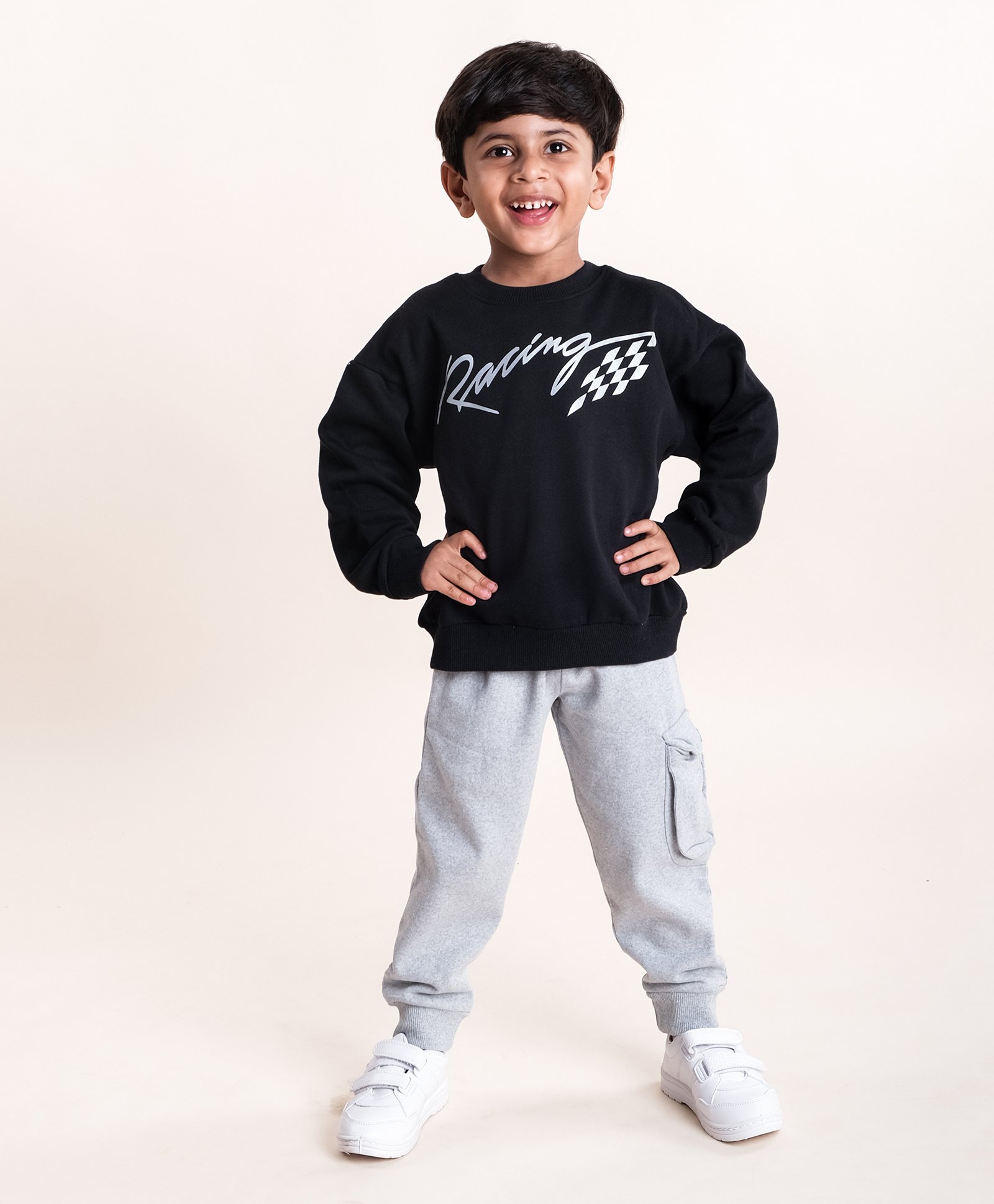 Kiddopanti Fleece Full Sleeves Racing Text Printed Sweatshirt With Track Pants - Jet Black & Grey Melange-picture-13