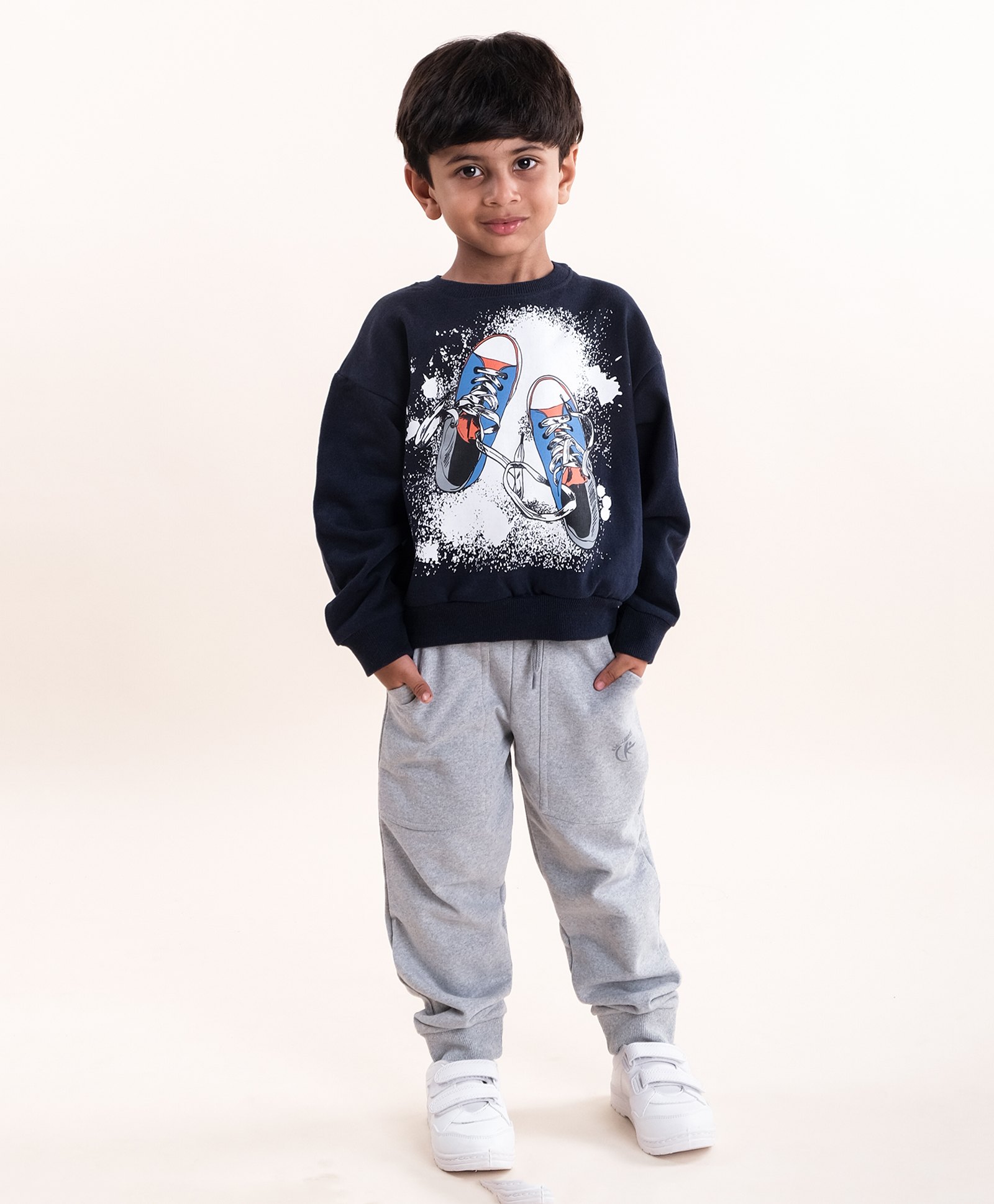 Kiddopanti Fleece Full Sleeves Shoes Printed Sweatshirt With Track Pants - Navy Blue & Grey Melange-picture-38