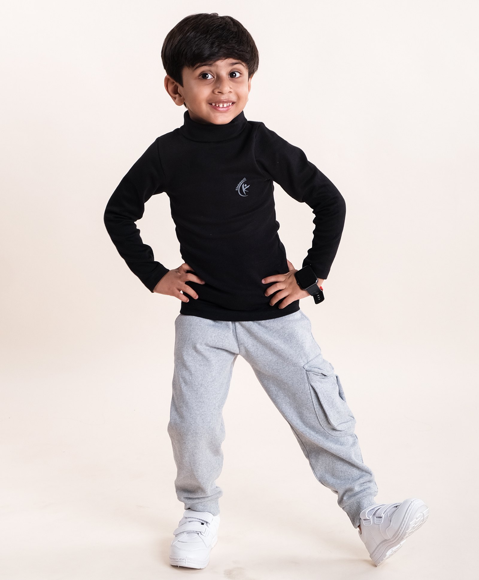 Kiddopanti Cotton Full Sleeves Turtle Neck Brand Logo Printed Tee With Fleece Pocket Detailed Solid Cargo Track Pant Set - Black & Grey Melange-picture-23