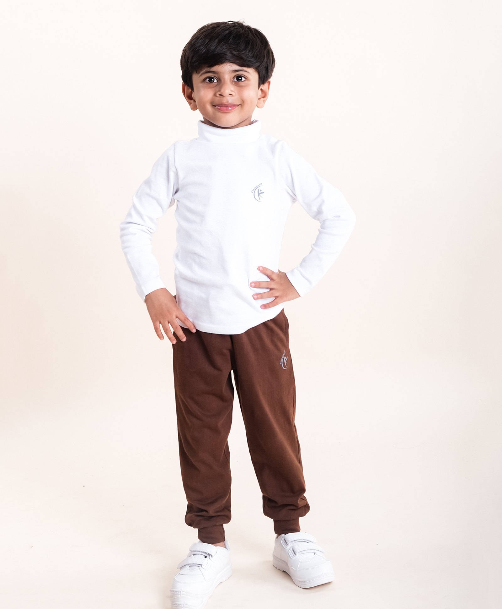 Kiddopanti Cotton Full Sleeves Turtle Neck Brand Logo Printed Tee With Track Pant Set - White & Coffee Brown-picture-13