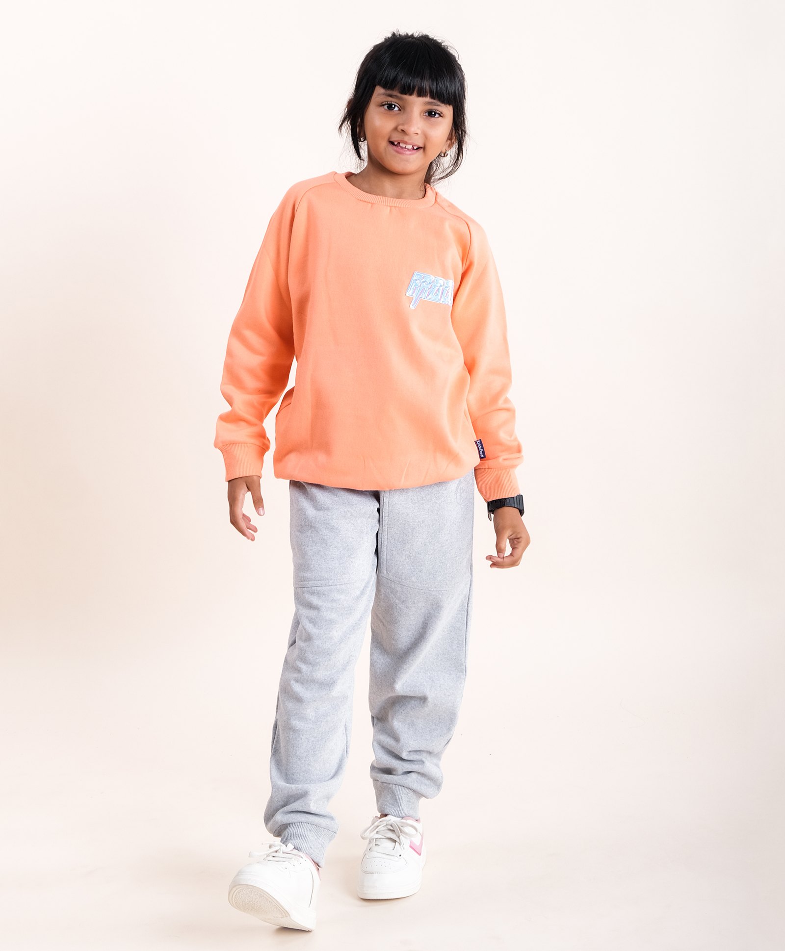 Kiddopanti Fleece Full Sleeves Fragile Text Applique Detail Sweatshirt With Track Pant Set - Peach & Grey Melange-picture-26