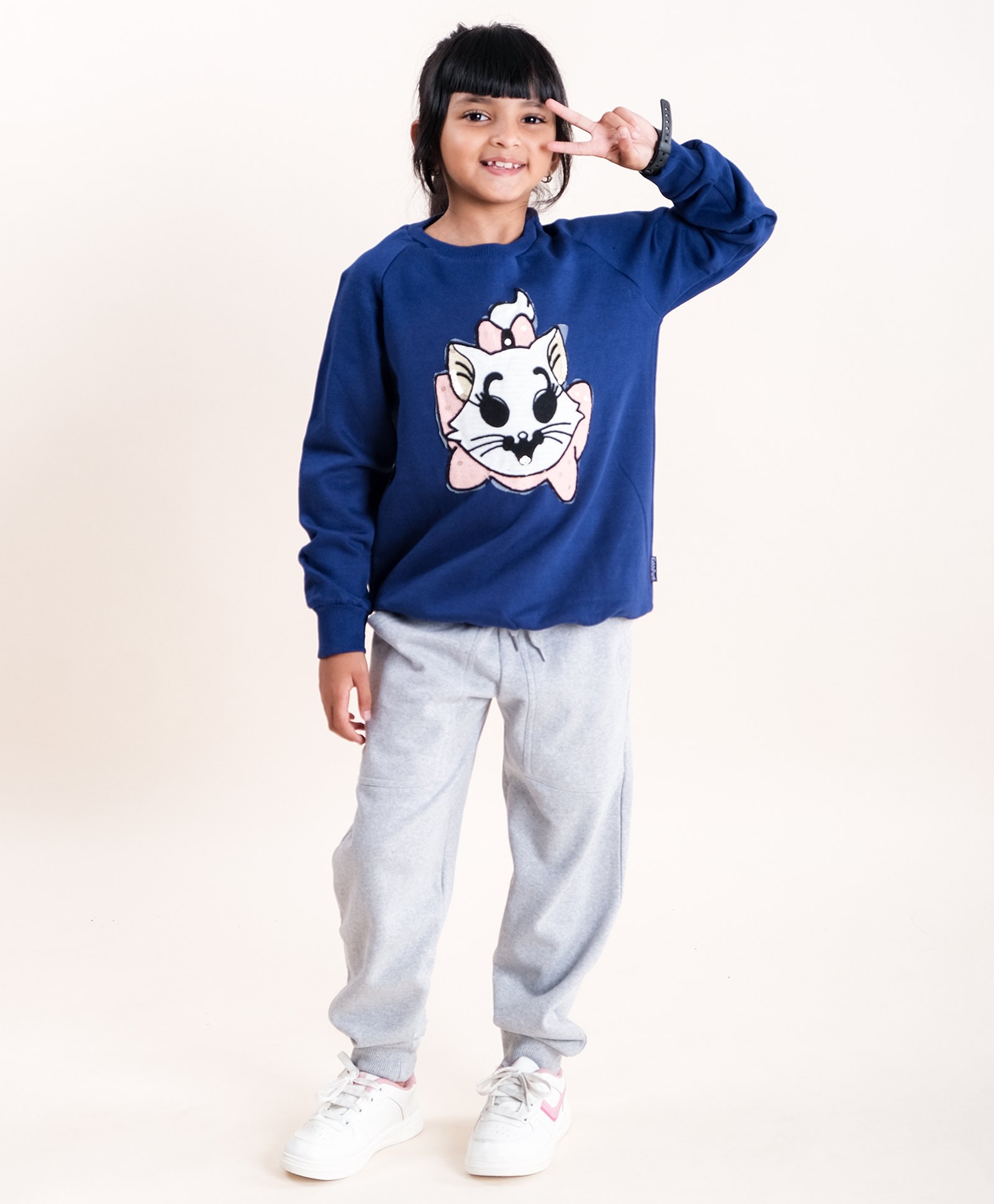 Kiddopanti Fleece Full Sleeves Cat Applique Sweatshirt & Track Pant Set - Navy & Grey Melange-picture-26