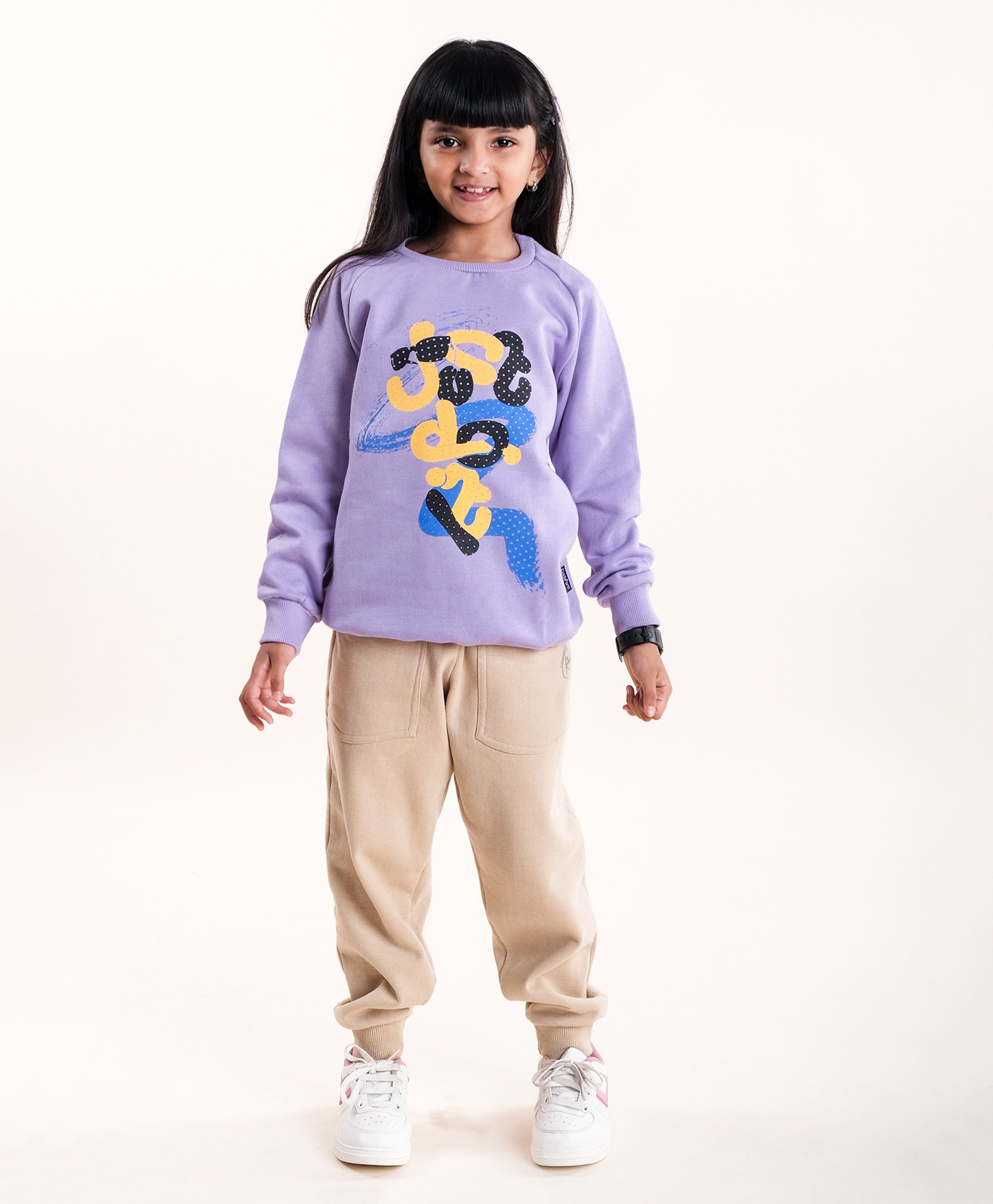 Kiddopanti Fleece Full Sleeves Abstract Art Printed Sweatshirt & Track Pant Set - Lavender & Beige-picture-27