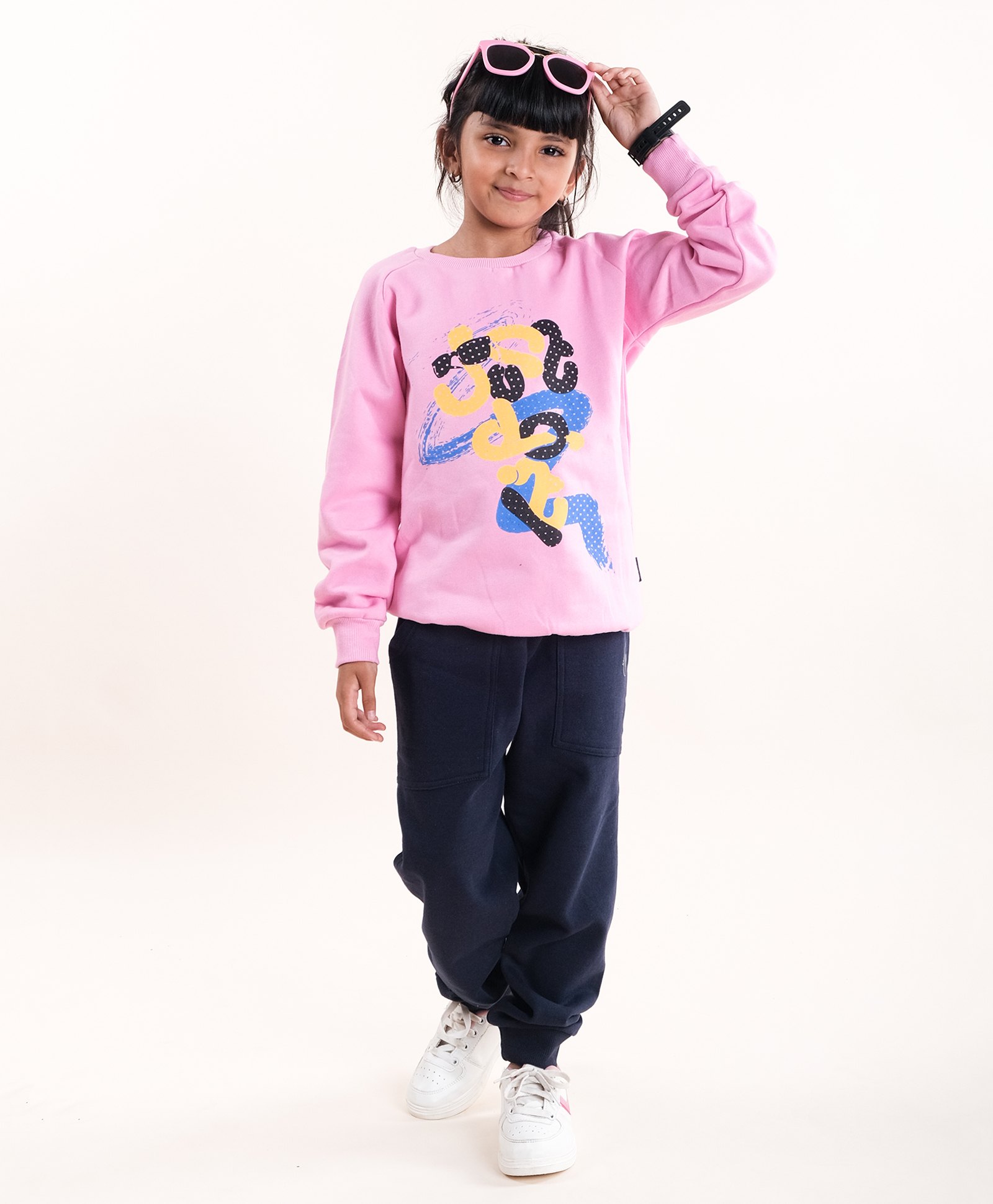 Kiddopanti Fleece Full Sleeves Abstract Art Printed Sweatshirt & Track Pant Set - Pink & Navy-picture-27