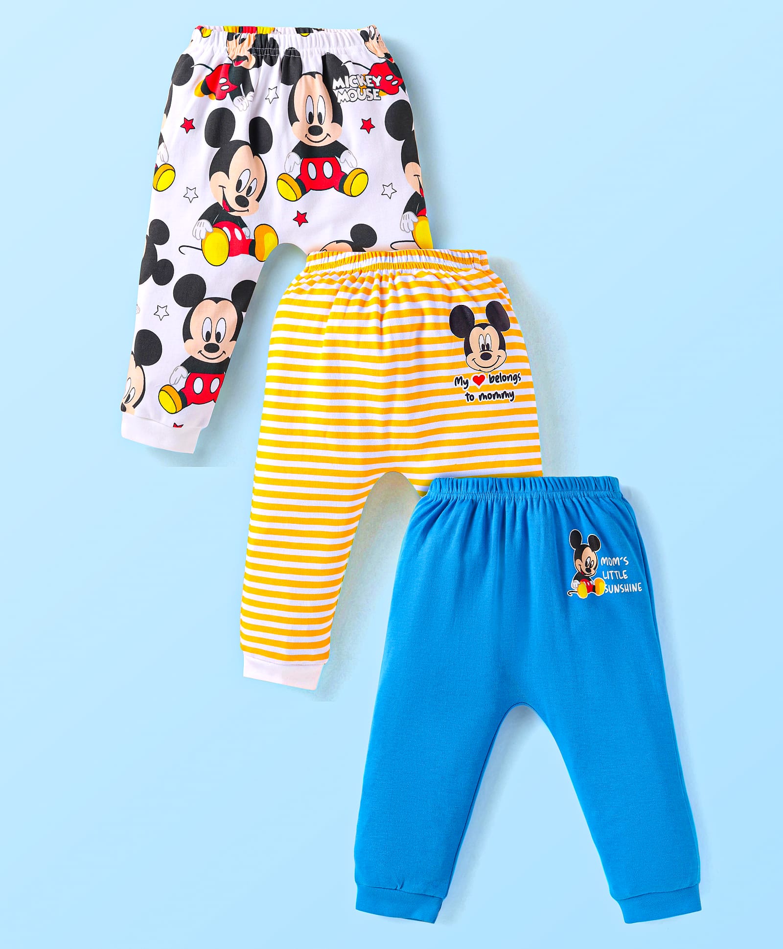 Babyhug Disney Interlock Knit Full Length Diaper Leggings With Mickie Mouse Graphics Pack of 3 - Blue Yellow & White