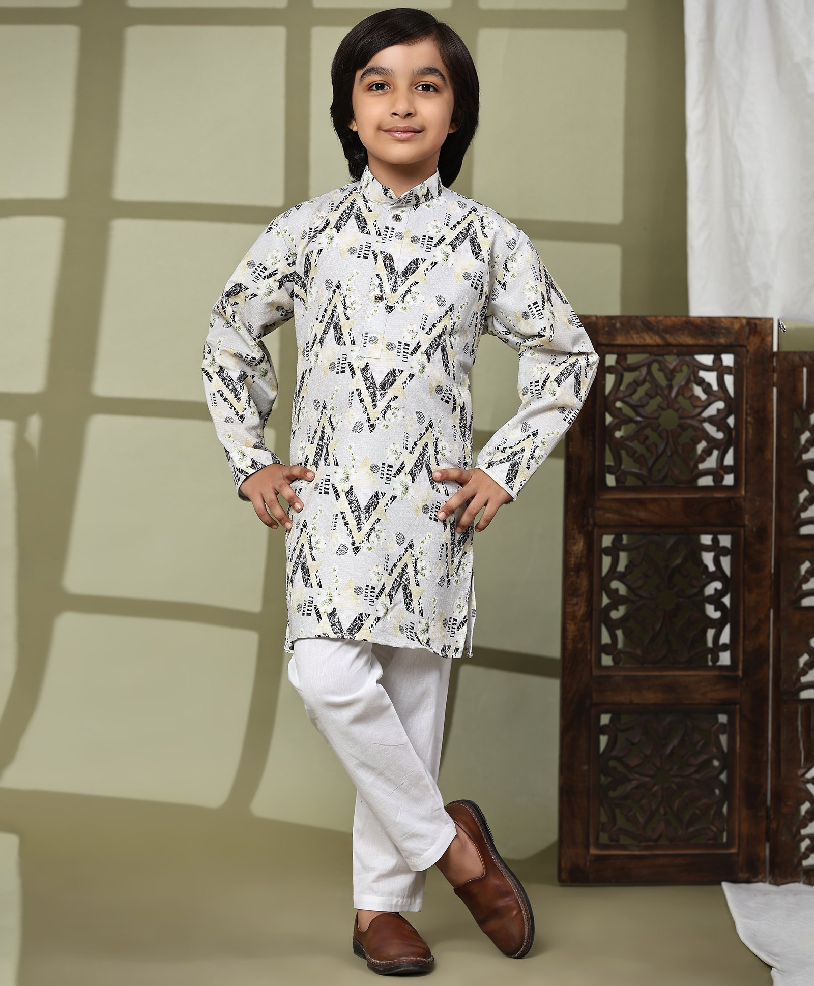 P-MARK Full Sleeves Abstract Printed Kurta Pyjama Set - Yellow-image-19