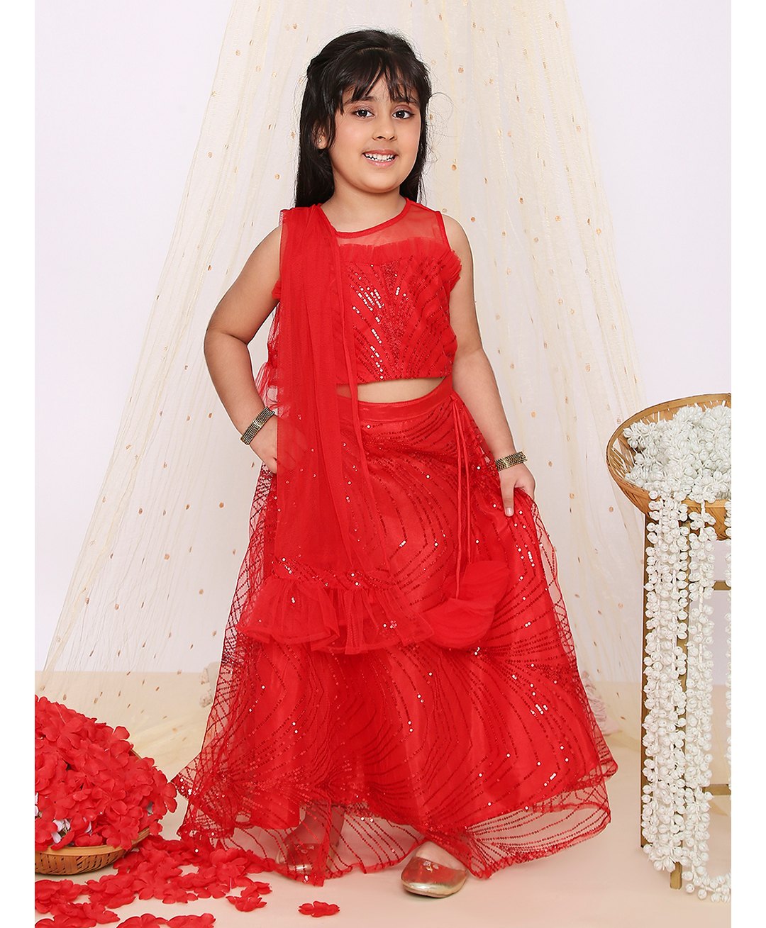 KID1 Sleeveless Sequin Embellished Net Coordinating Lehenga Choli With Dupatta - Red-picture-20