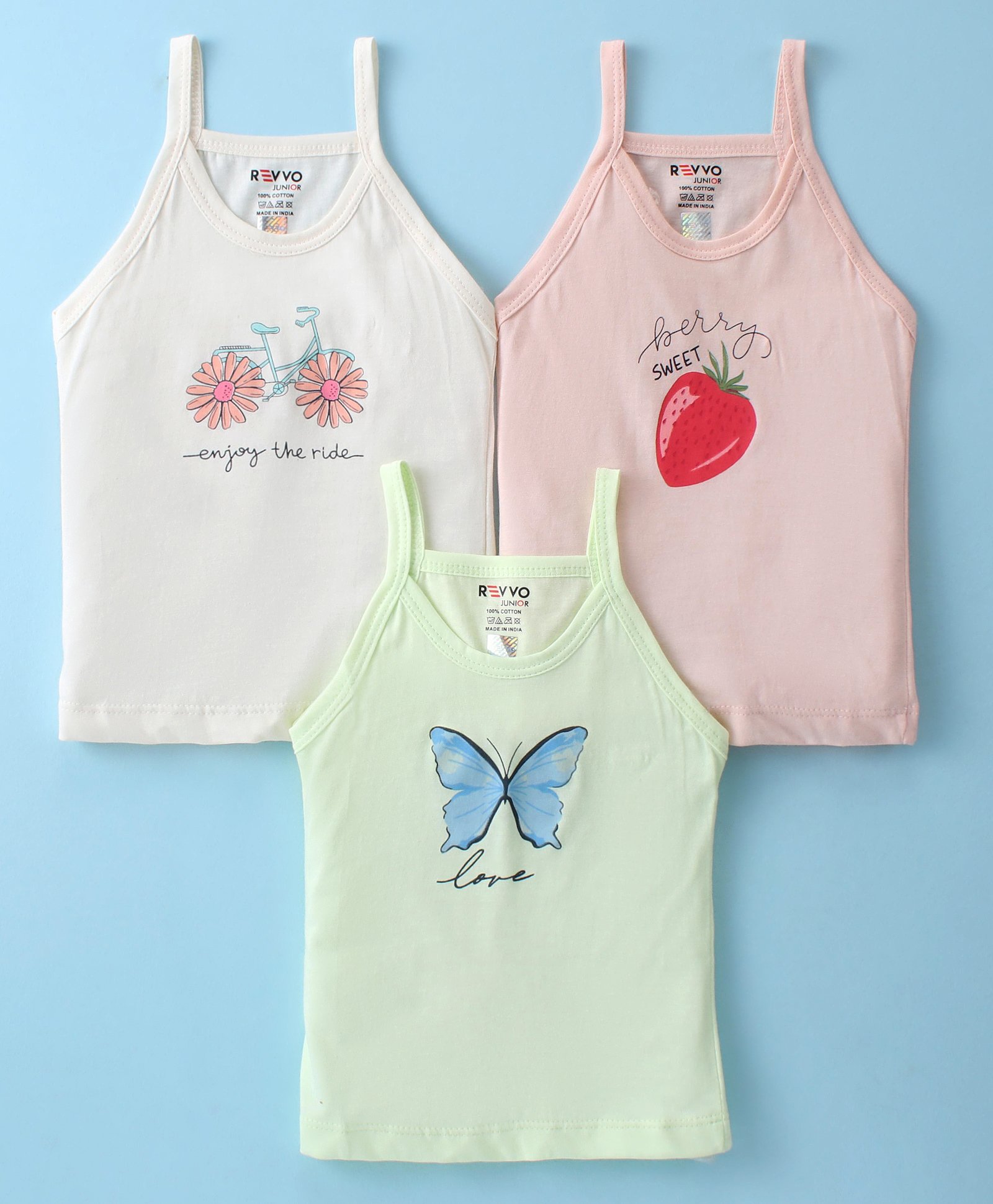 Revvo Junior Cotton Knit Siglet Sleeves Slips With Butterfly & floral Print - Peach Off White & Light Green-image-34