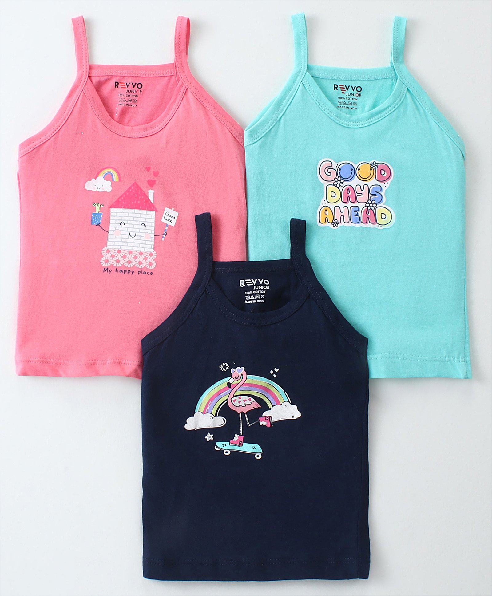 Revvo Junior Cotton Sleeveless Floral & Flamingo Printed Slips Pack of 3 - Pink Sky Blue & Black-image-19