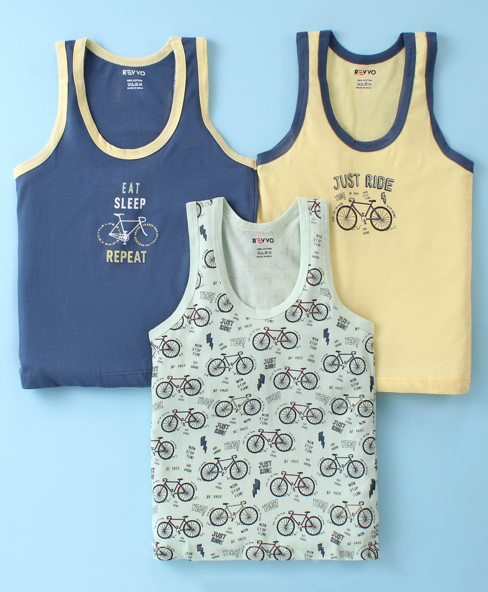 Revvo Junior Cotton Knit Sleeveless Set of Vests Cycle Print Pack of 3 -Yellow Pista & Navy-image-25