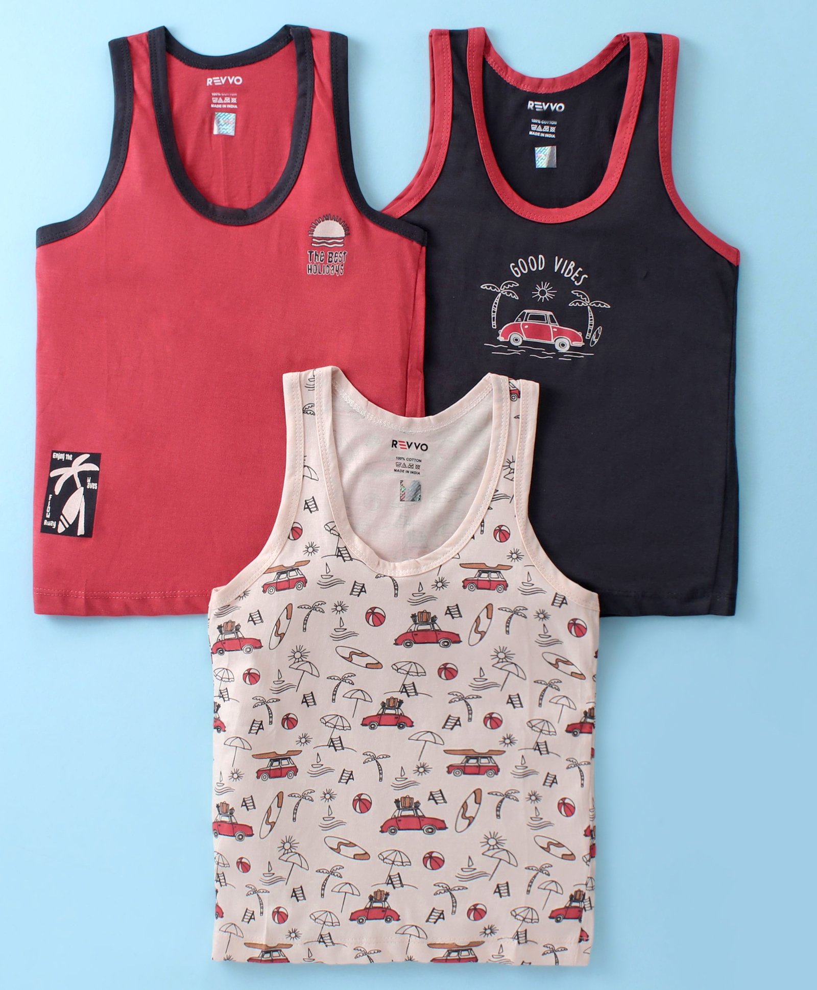Revvo Junior Cotton Knit Sleeveless Pullover Vests with Beach & Car Print Pack of 3 - Red Beige & Black-image-10