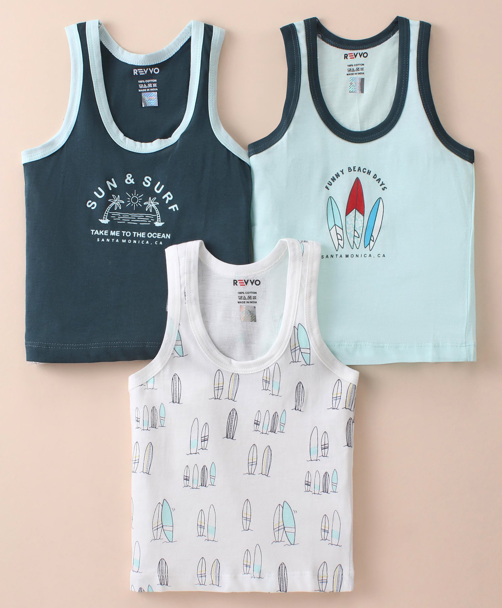 Revvo Junior Cotton Knit Sleeveless Set of Vests Surf Theme Print Pack of 3-Mint Deep Green & White-image-23