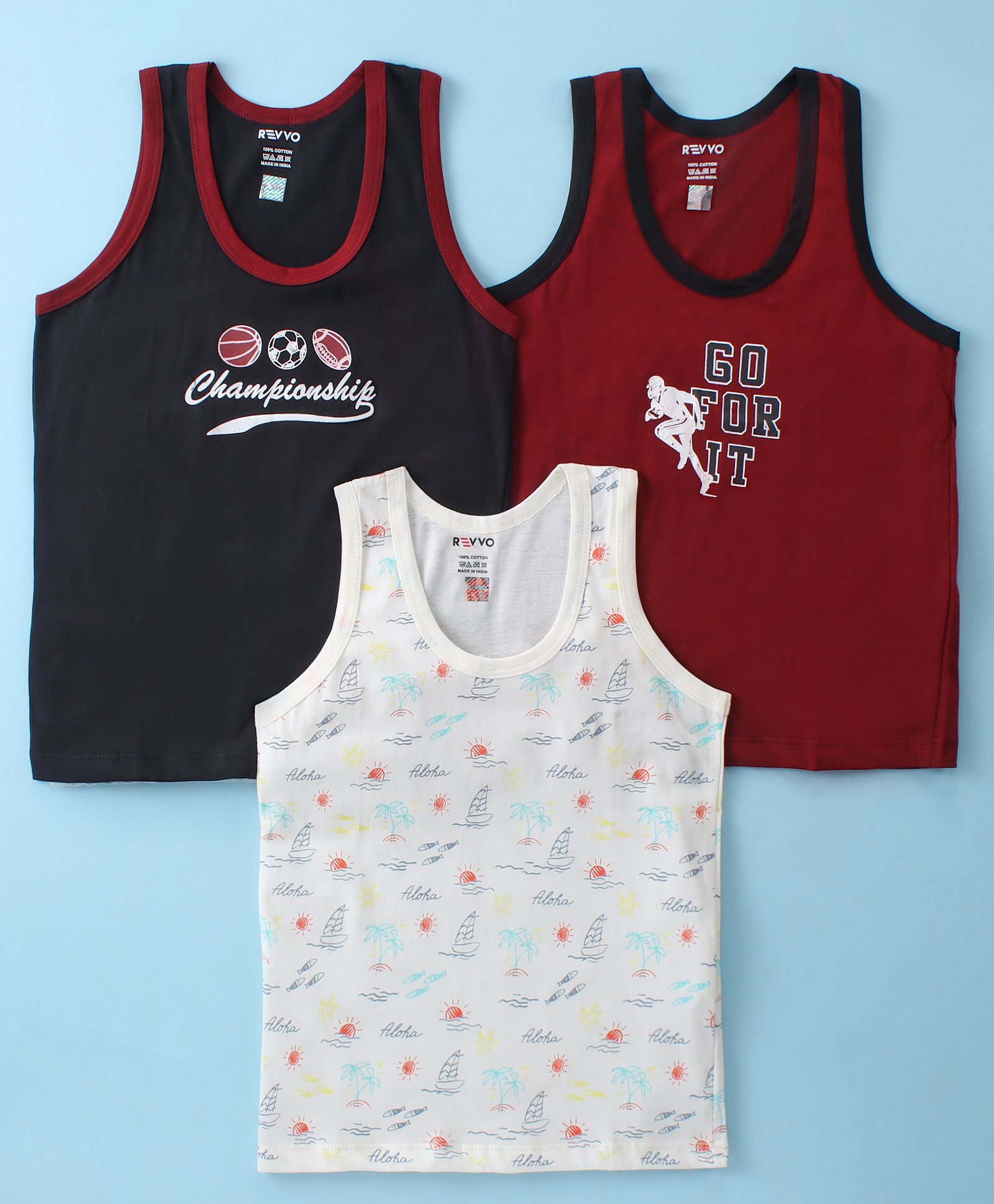 Revvo Junior Cotton Knit Sleeveless Set of Vests Beach Theme Print Pack of 3 -Maroon White & Black-image-1