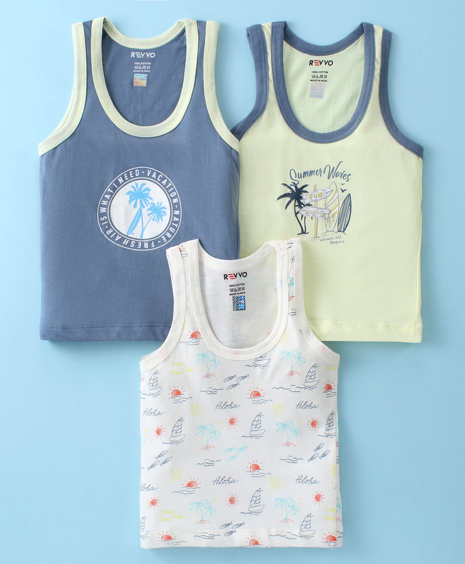 Revvo Junior Cotton Knit Sleeveless Set of Vests Beach Theme Print Pack of 3 -Lemon Blue & Beige-image-13