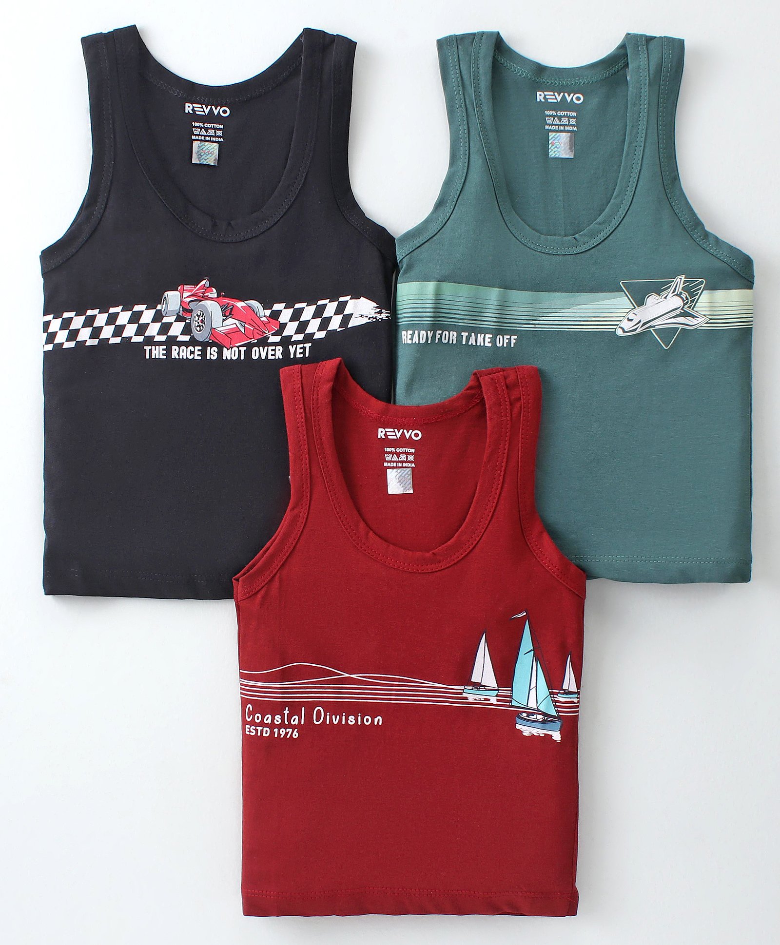Revvo Junior Sinker Knit Sleeveless Set of Vests Racing Car Print Pack of 3 - Teal Black & Maroon-image-31