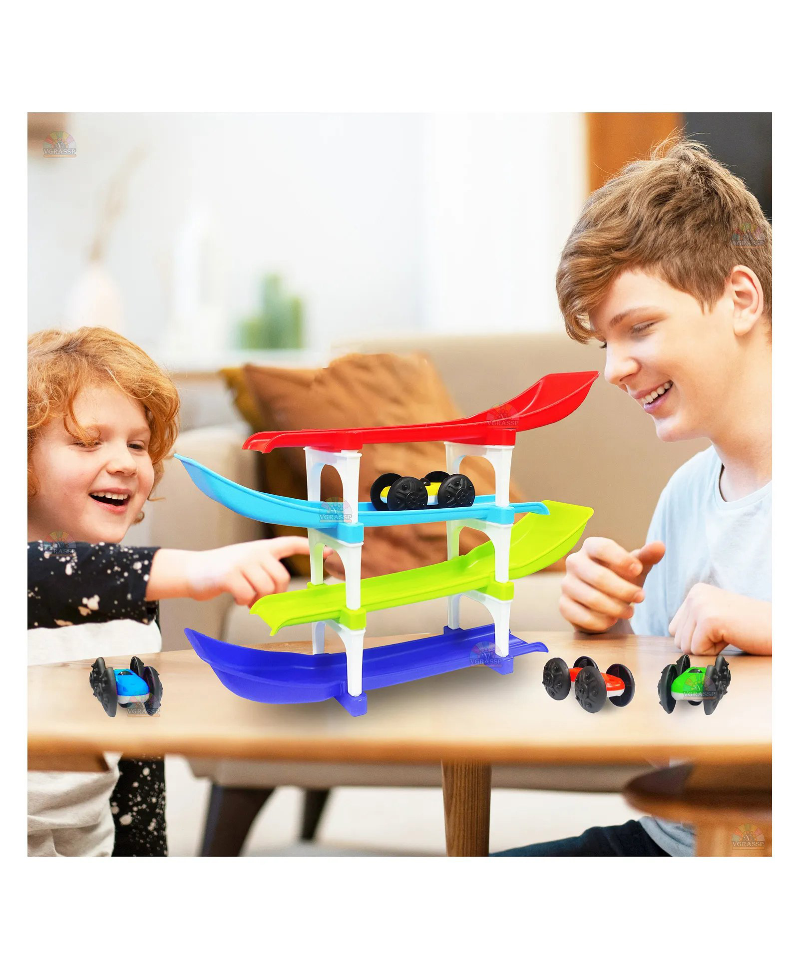 VGRASSP Ramp Race Track Toy Set for Toddlers and Kids with 4 Cars, 4 Ramp Race Track - 4 Level Colorful Flip and Go Race Car Track, Perfect Birthday Return Gift for Boys and Girls - Multicolor-image-8